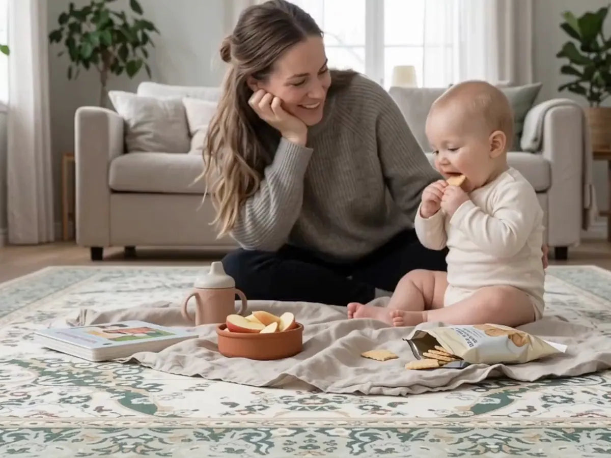 A mother sitting on the floor on a cushioned CloudMat area rug in a bright living room, smiling at her baby who is sitting up beside her eating a snack, with an indoor picnic laid out on a linen blanket