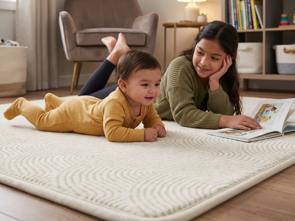 A baby doing tummy time on a cream CloudMat, pushing up and laughing, with their older sister lying beside them reading a picture book, the rug's cushioned bound edge visible along the foreground