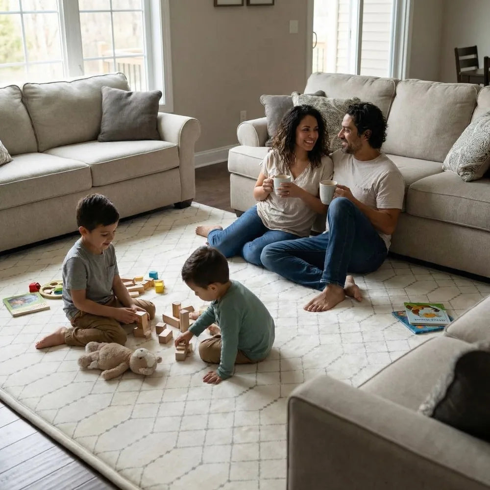 A family of four lounging together on a CloudMat on the living room floor for a movie night, with the sofa behind them empty