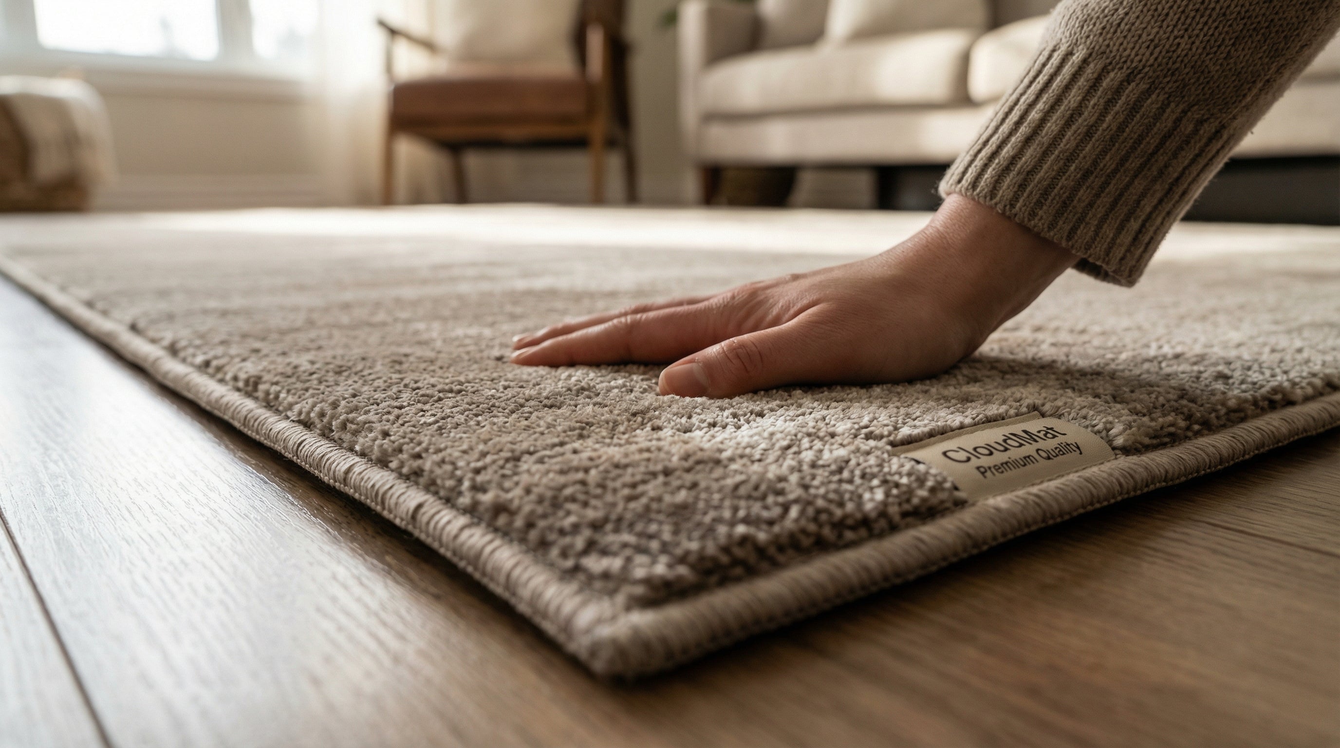 CloudMat 5x7 rug showing cushioned construction in condo setting