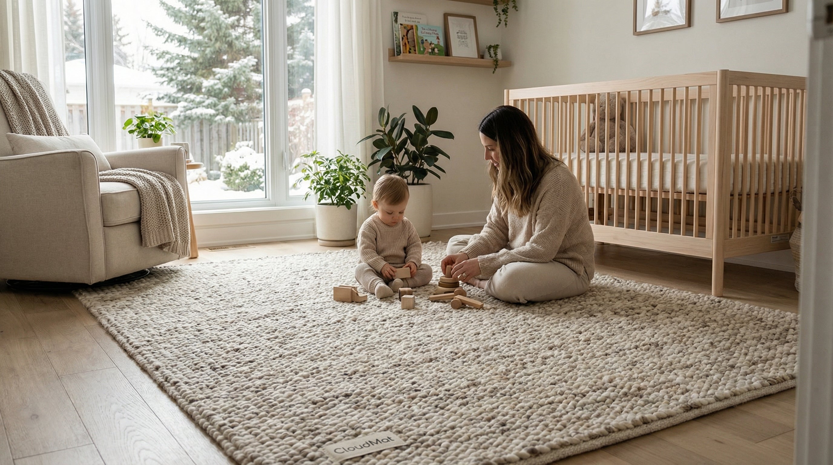 Diagram showing 5x7 rug placement options in living room, bedroom, and home office