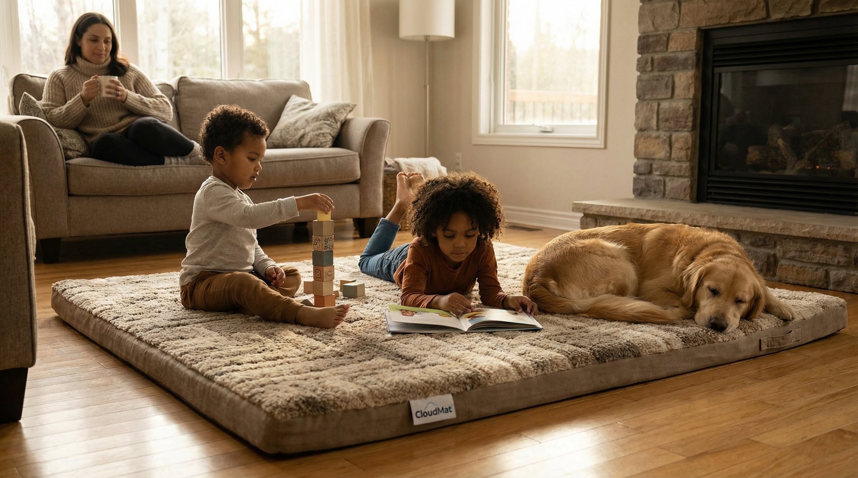 Family relaxing on 6x9 rug in comfortable living space