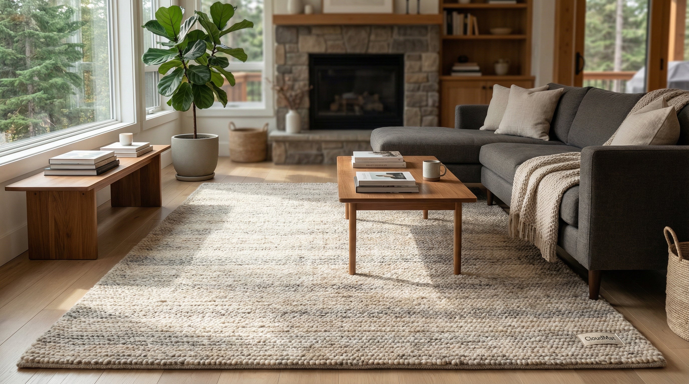 8x10 CloudMat area rug anchoring a beautifully styled Canadian living room