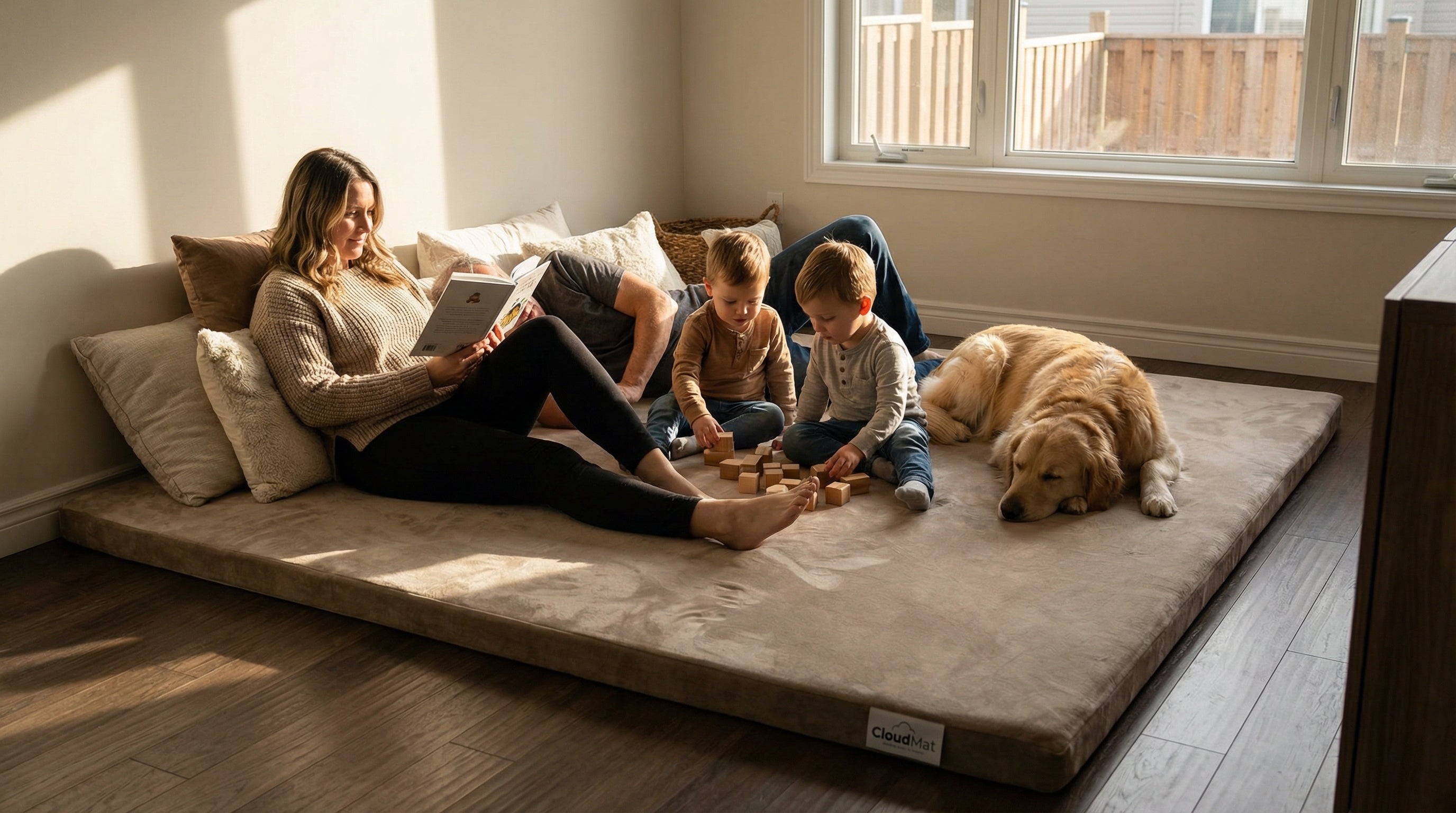 Family enjoying their 8x10 CloudMat rug in a spacious living room setting