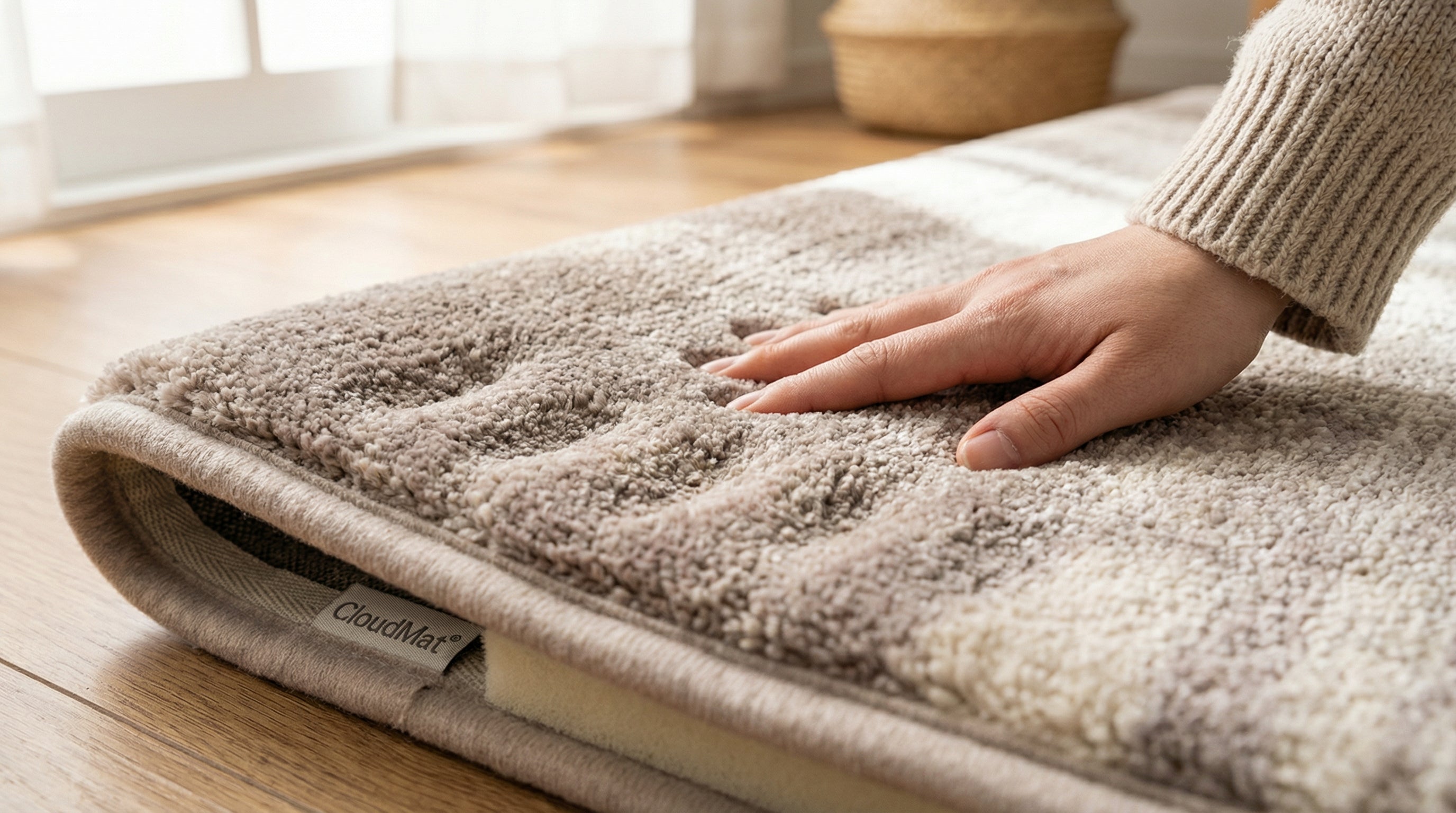 CloudMat bathroom rug showing removable washable cover and cushioned foam base