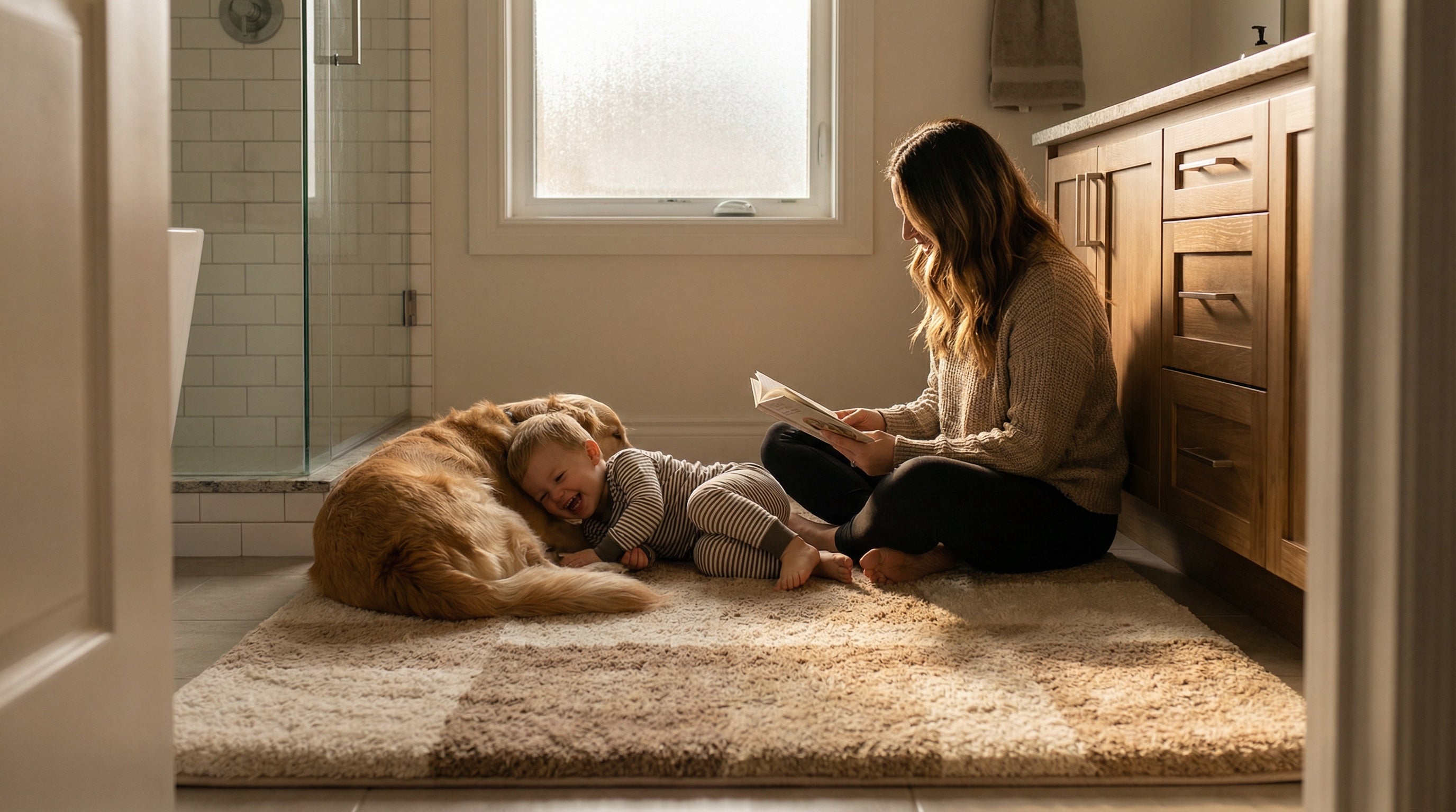 Person stepping onto comfortable bathroom rug after shower