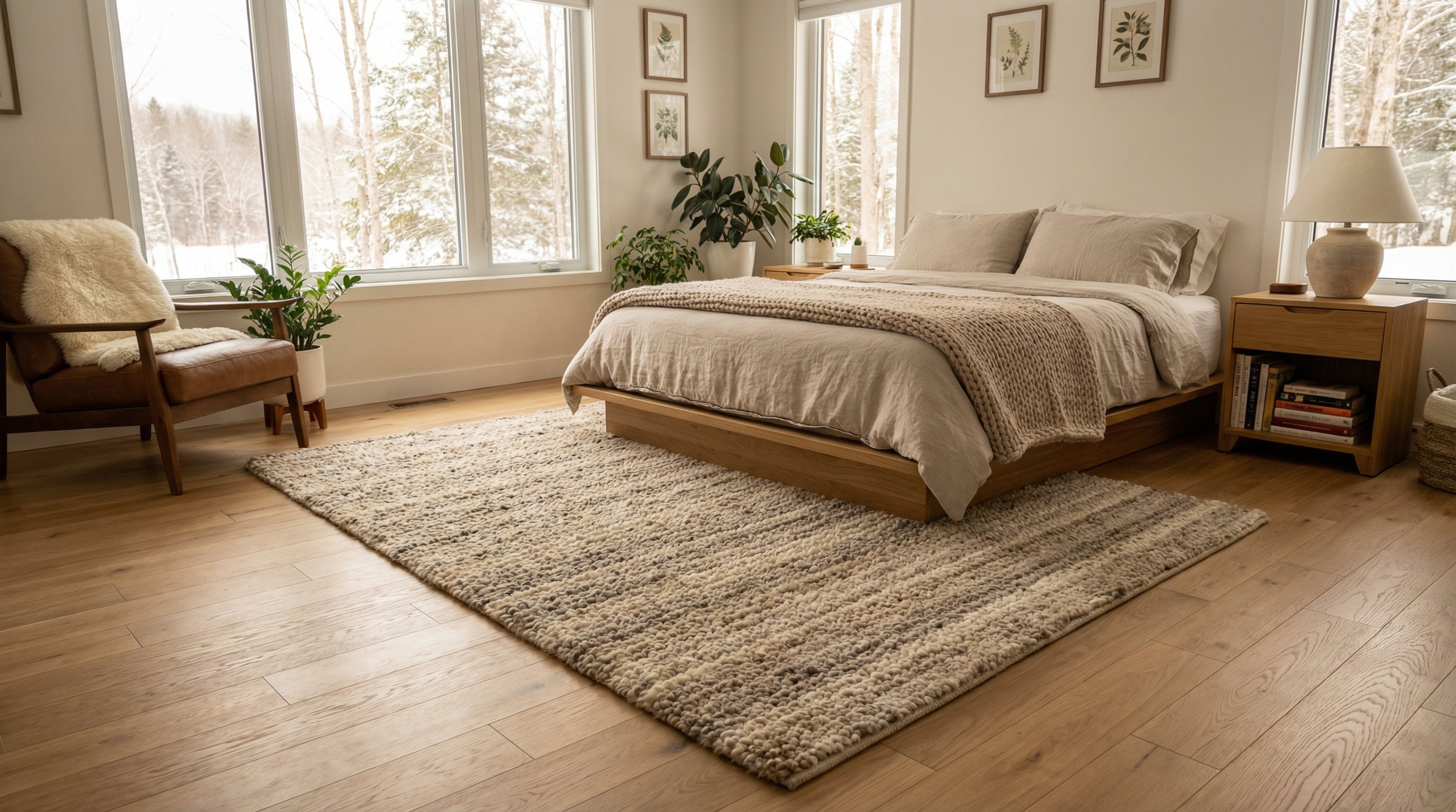 Elegant bedroom with CloudMat rug extending beneath the bed