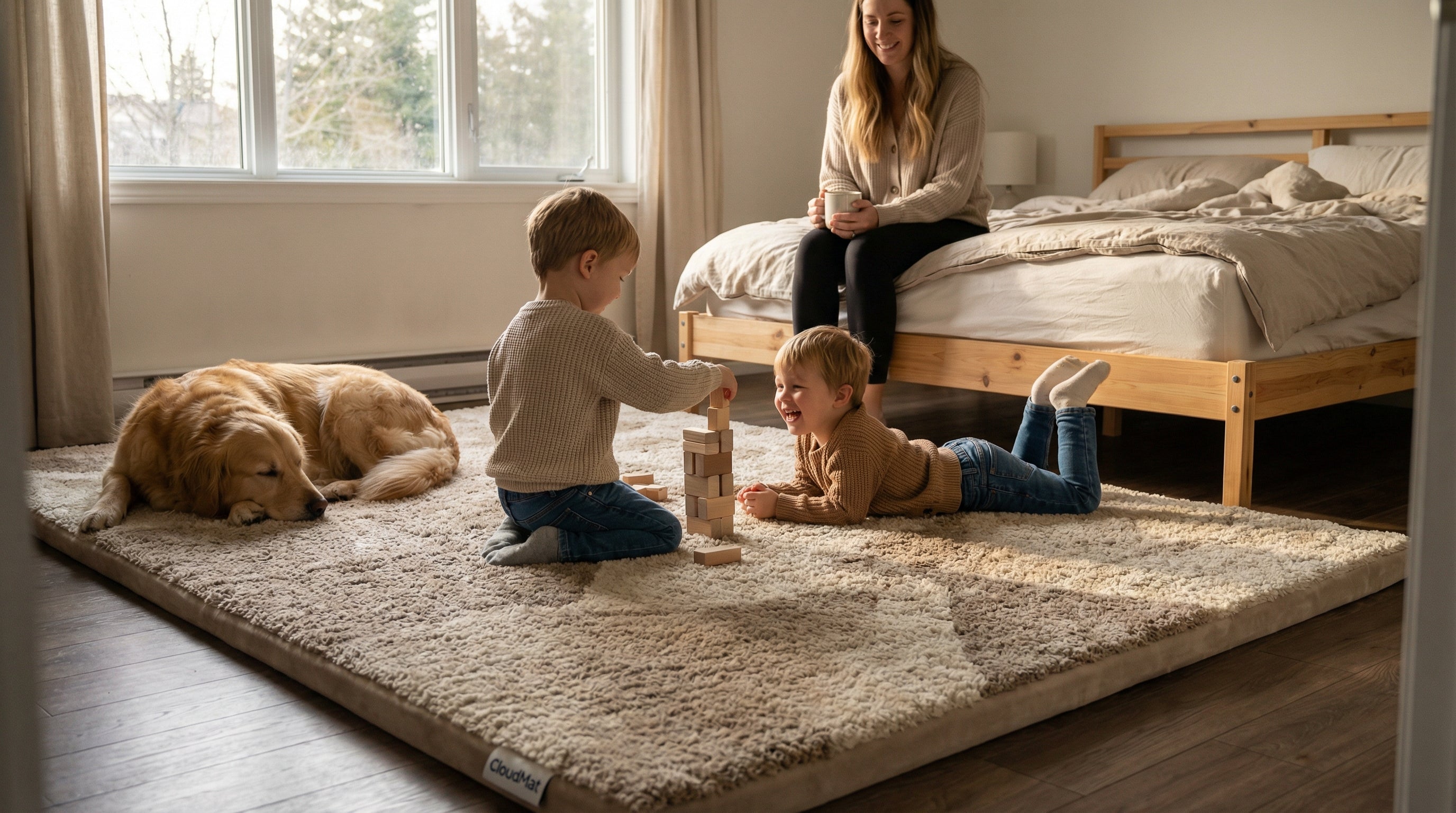Person stepping out of bed onto soft CloudMat bedroom rug