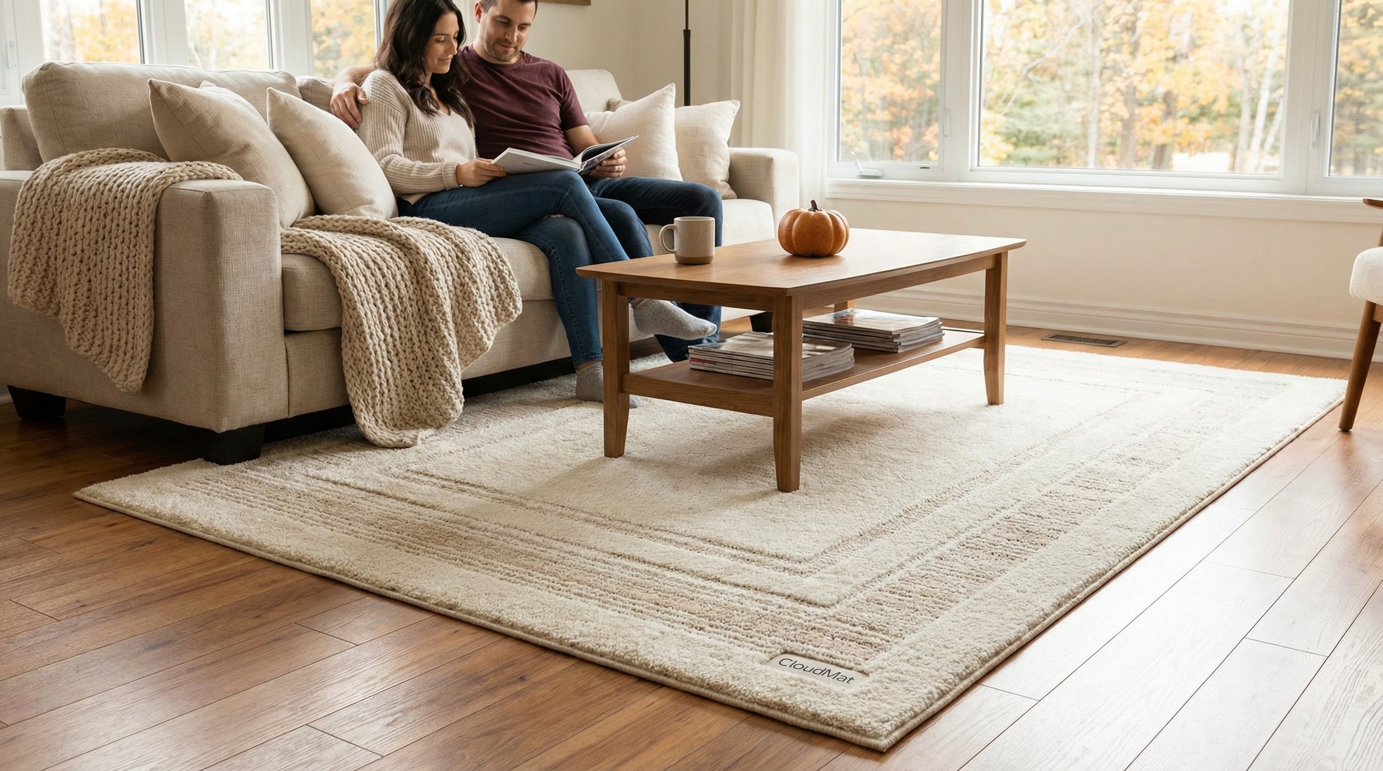 Diagram showing proper bedroom rug placement under and around the bed