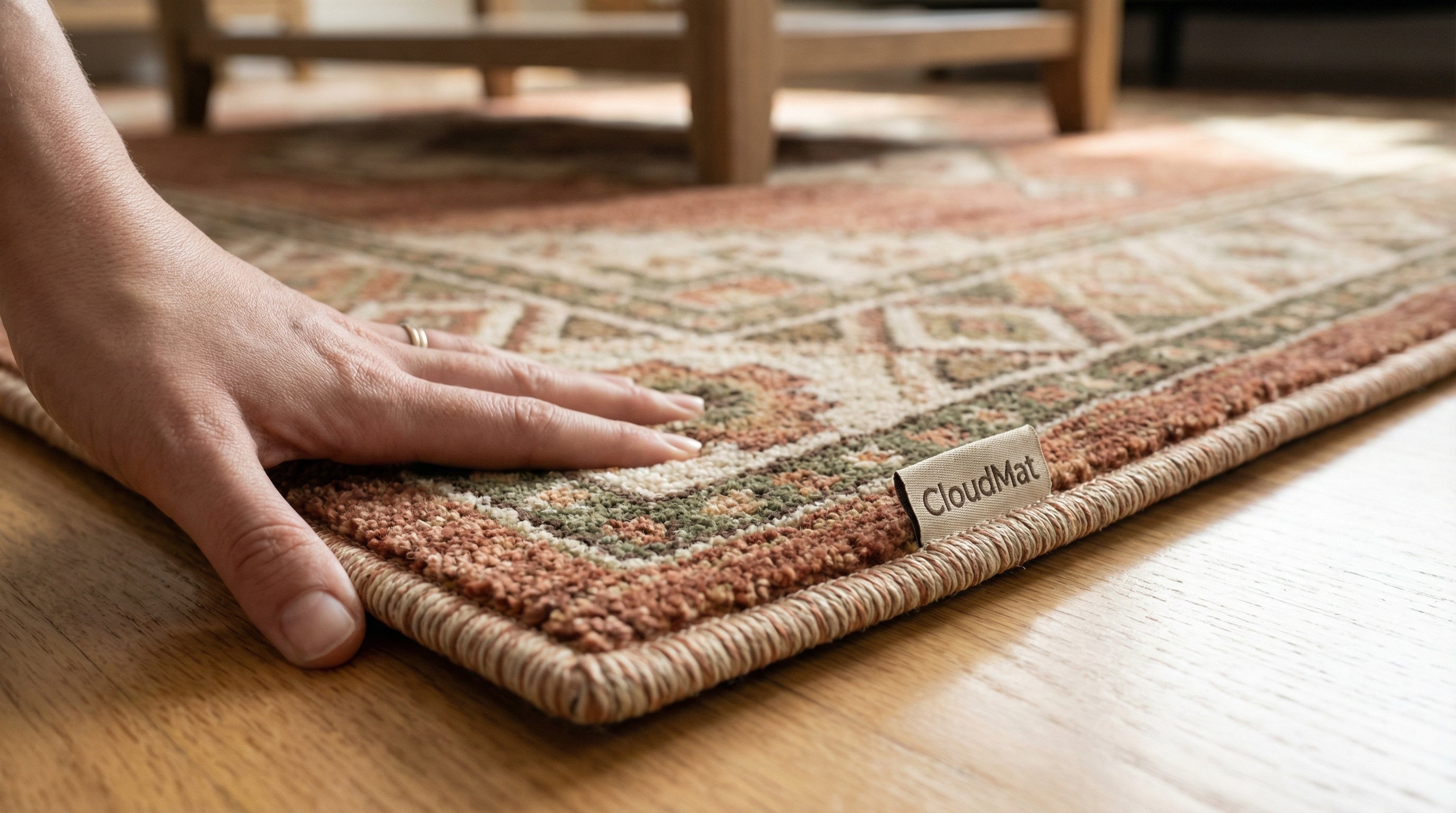 Boho rug in warm terracotta and sage with natural wood furniture