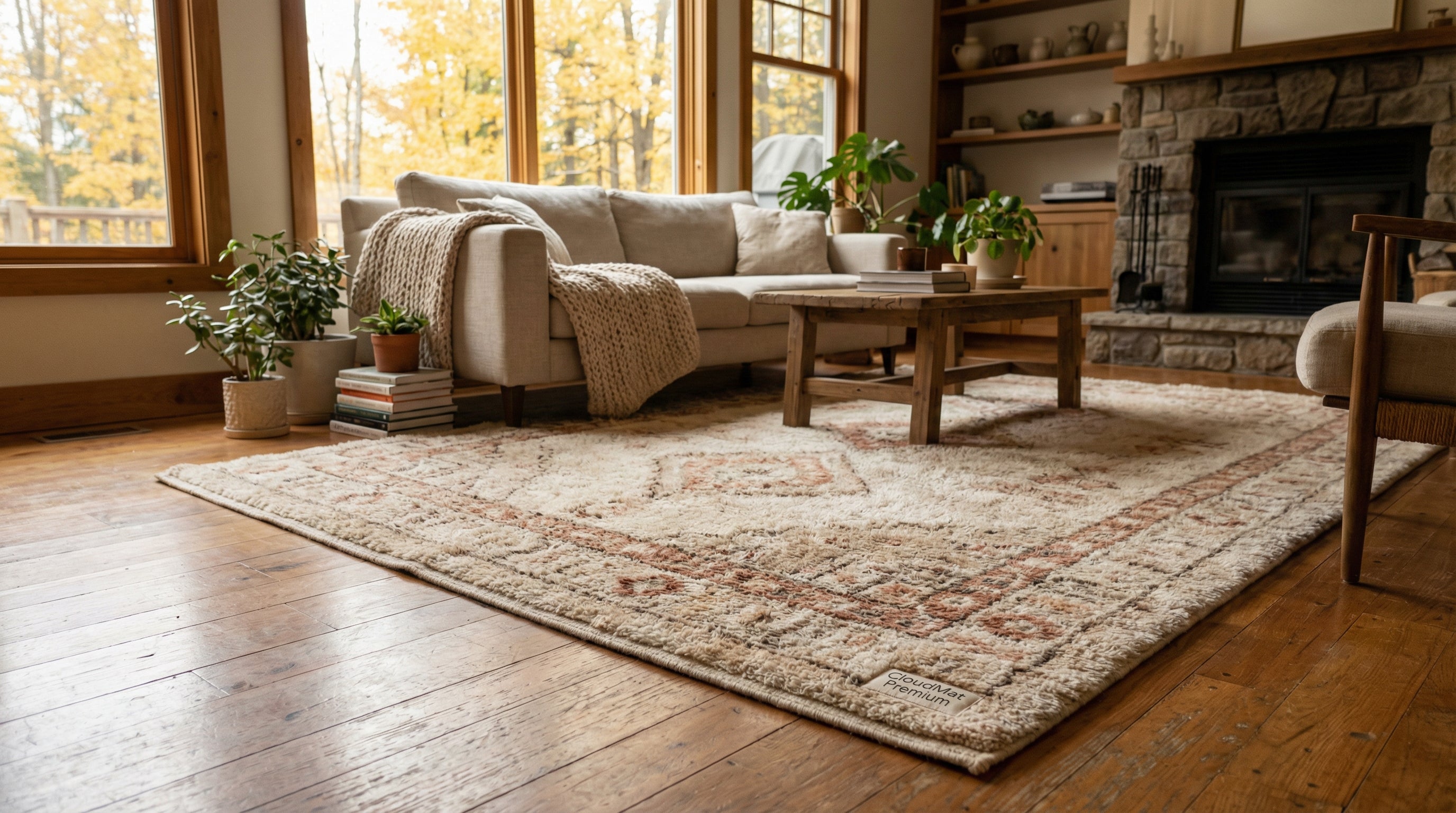 Bohemian style CloudMat rug with warm earthy patterns in cozy Canadian living room