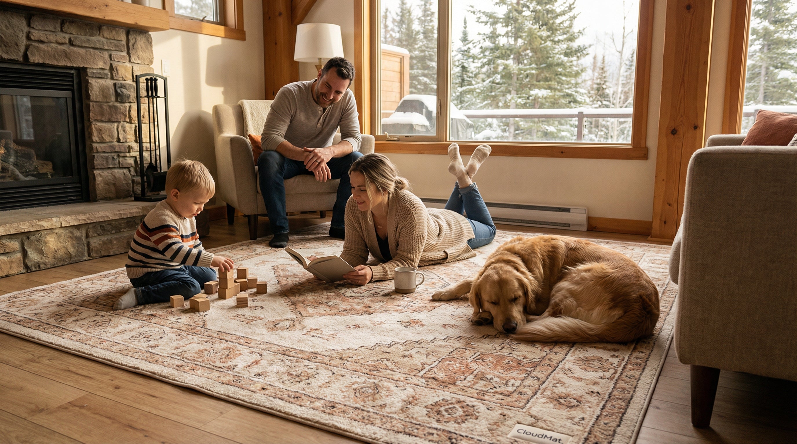 Family relaxing on boho CloudMat rug surrounded by plants and natural textures