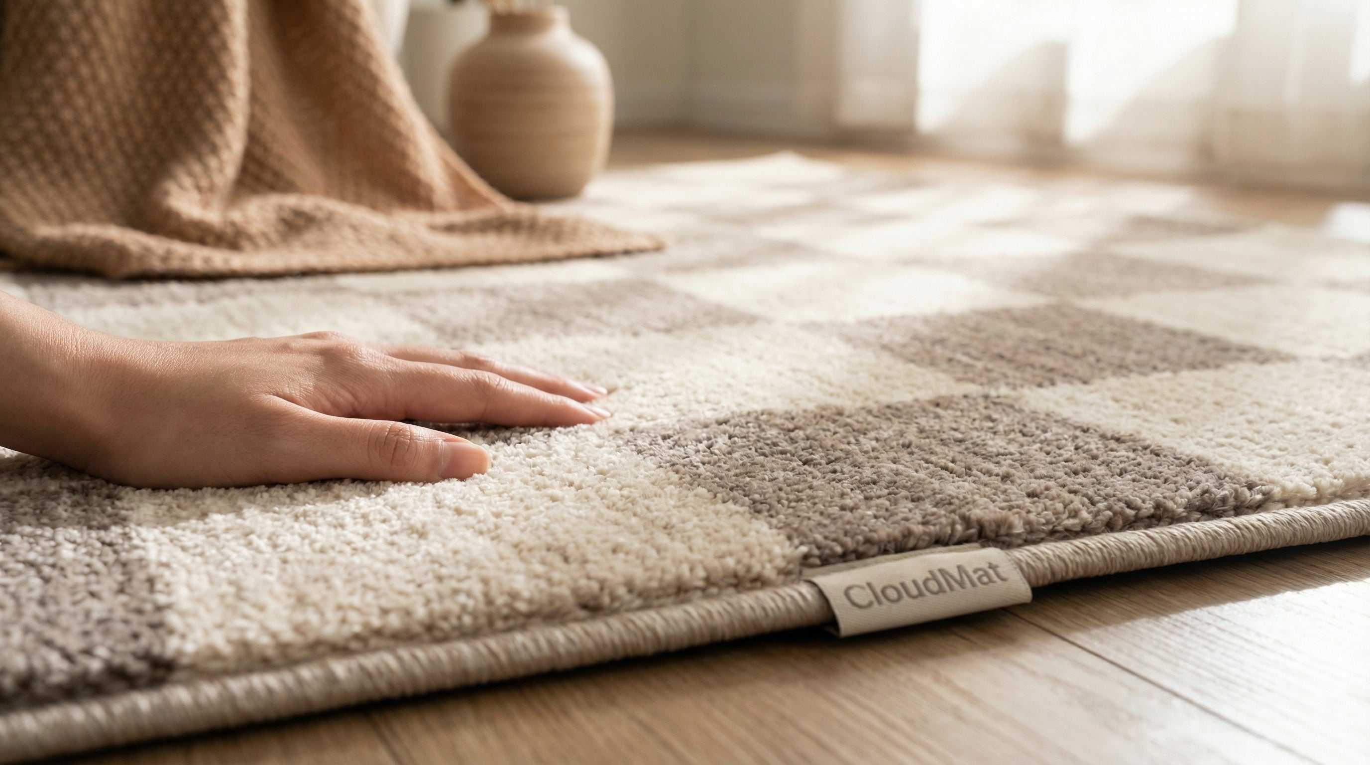 CloudMat checkered rug being easily cleaned, demonstrating washable feature