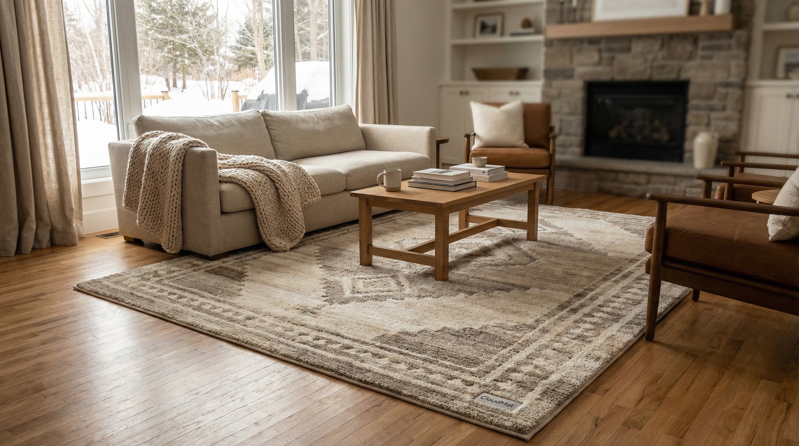 Bold black and white checkered area rug in stylish Canadian living room