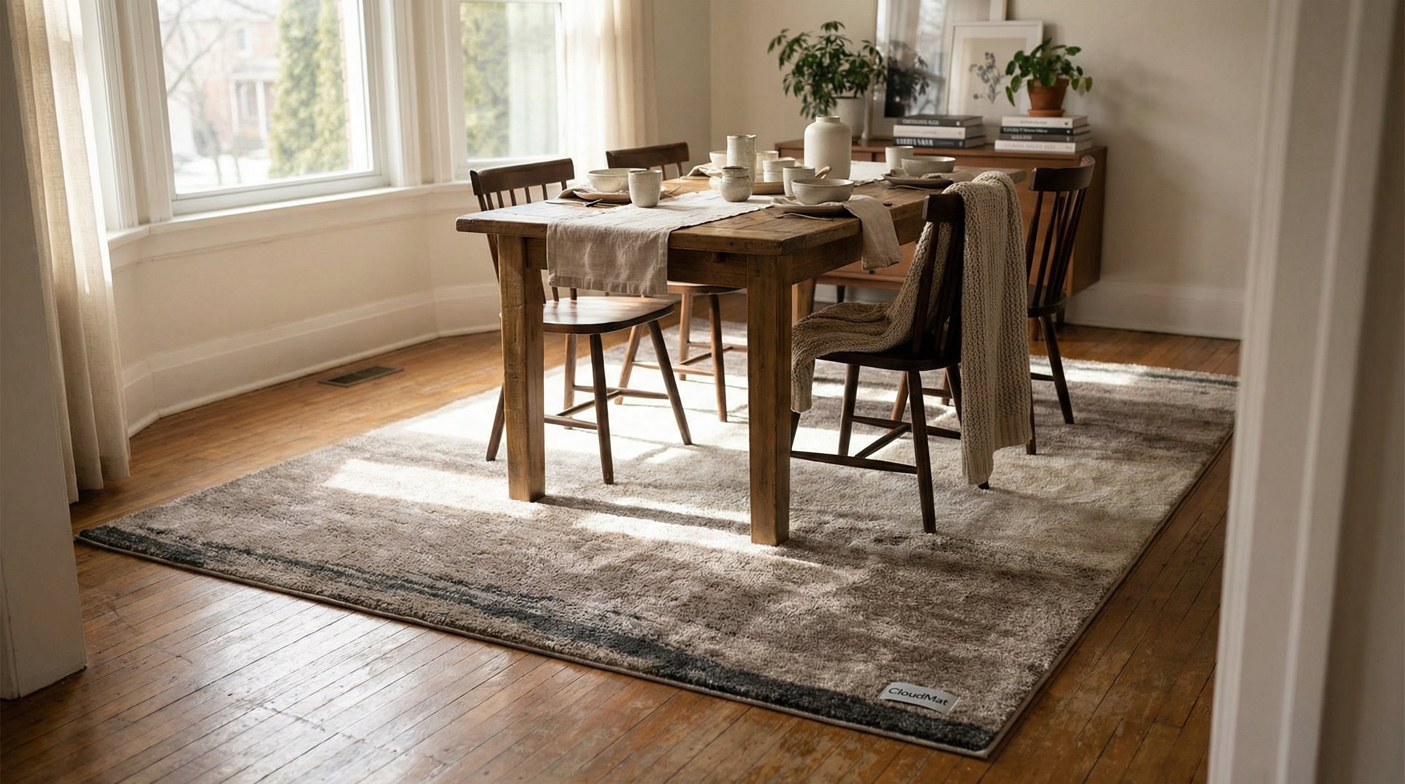 Dining room rug anchoring table in elegant Canadian home