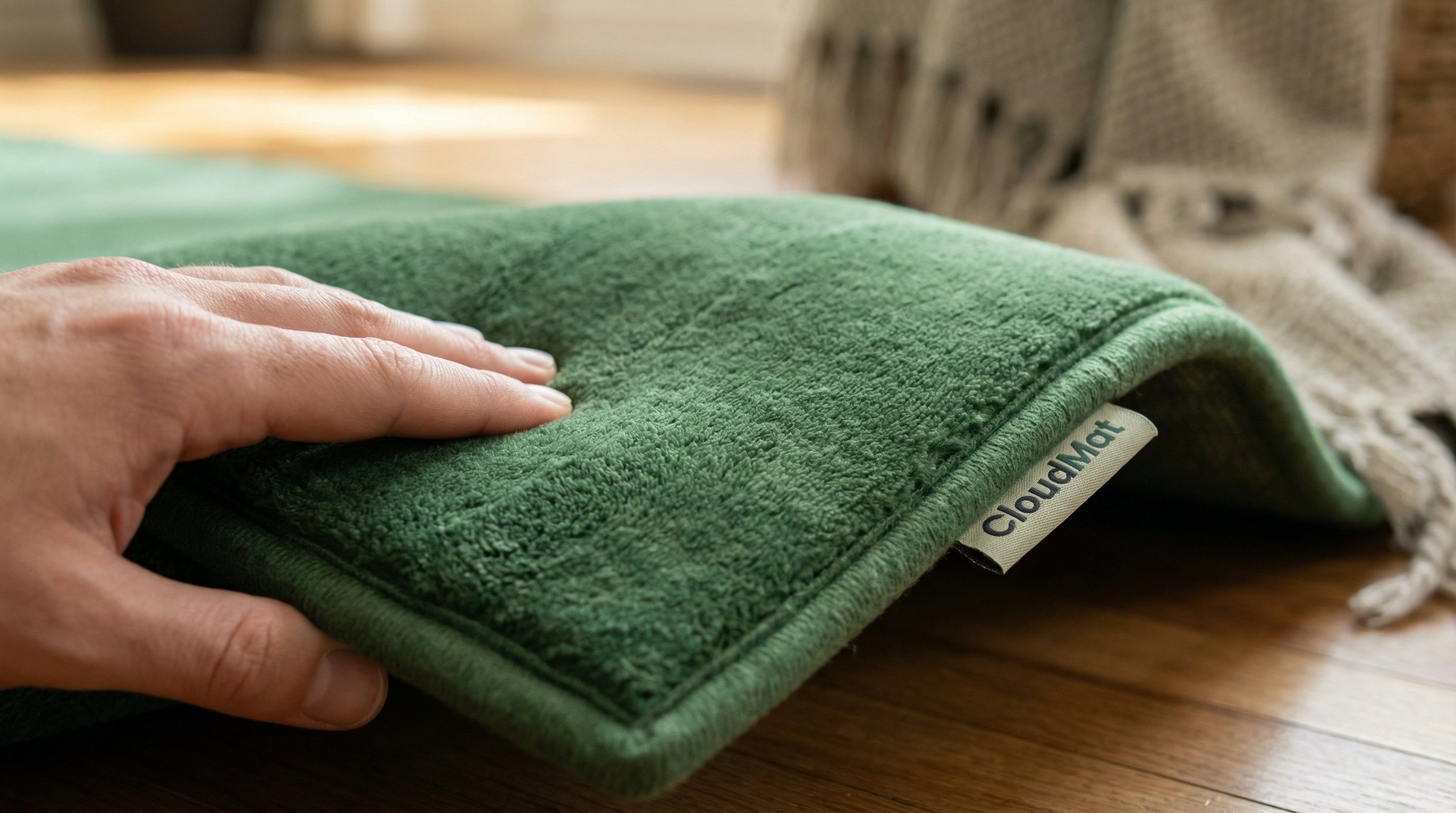 Forest green rug in Canadian home with views of natural landscape through windows