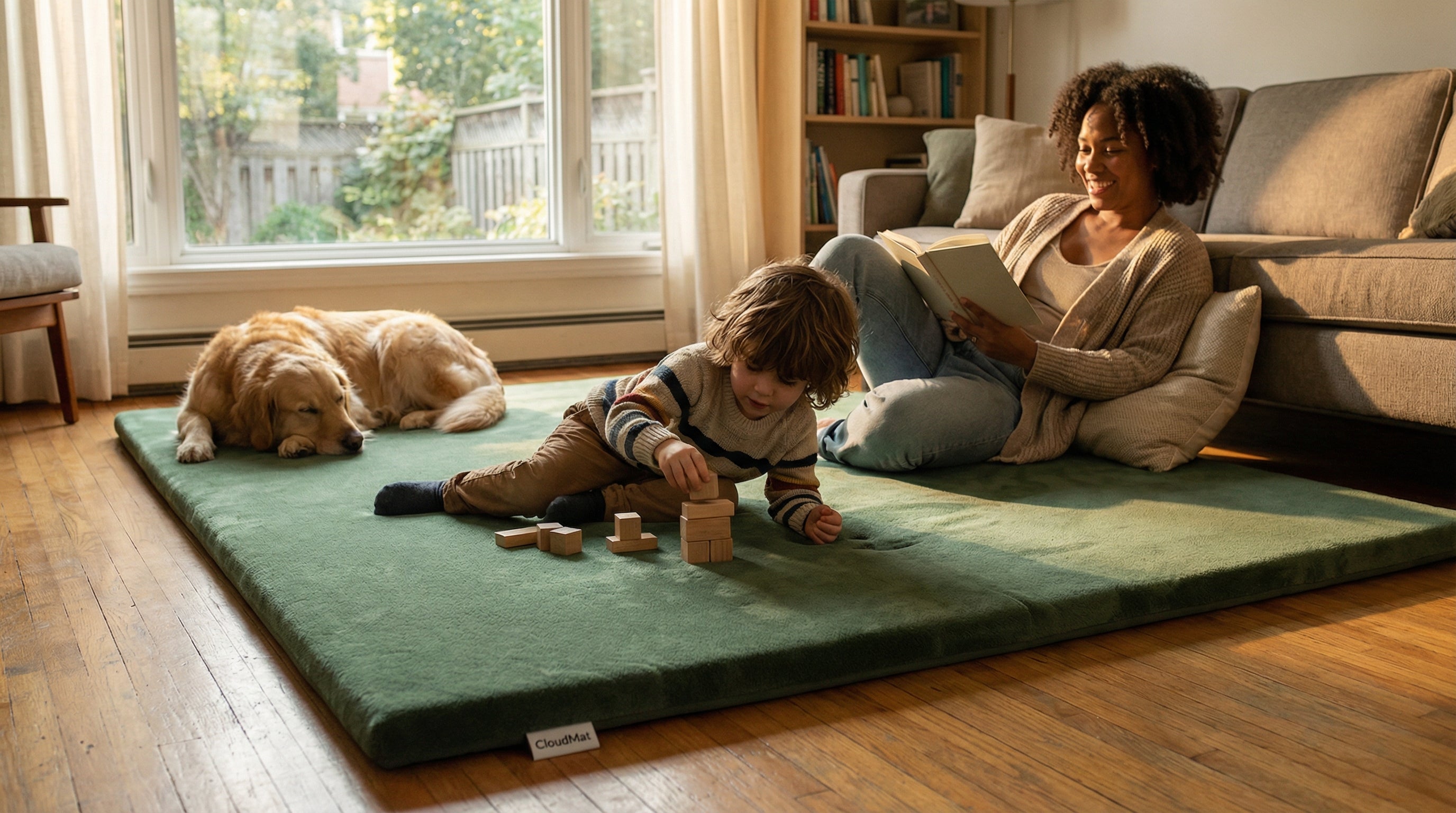 Family enjoying forest green rug with natural wood furniture