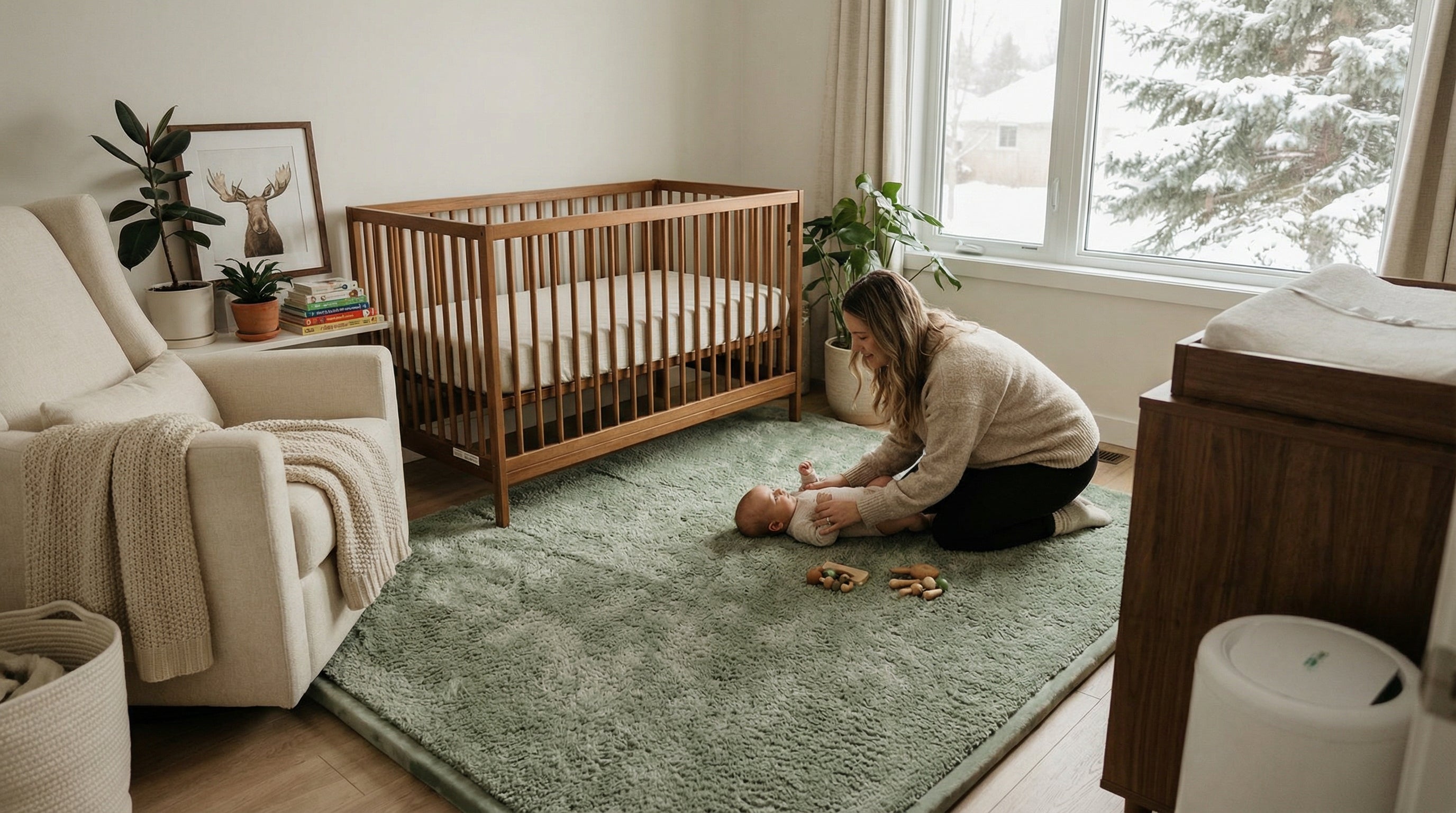 Range of green rug shades from sage to forest to emerald displayed together