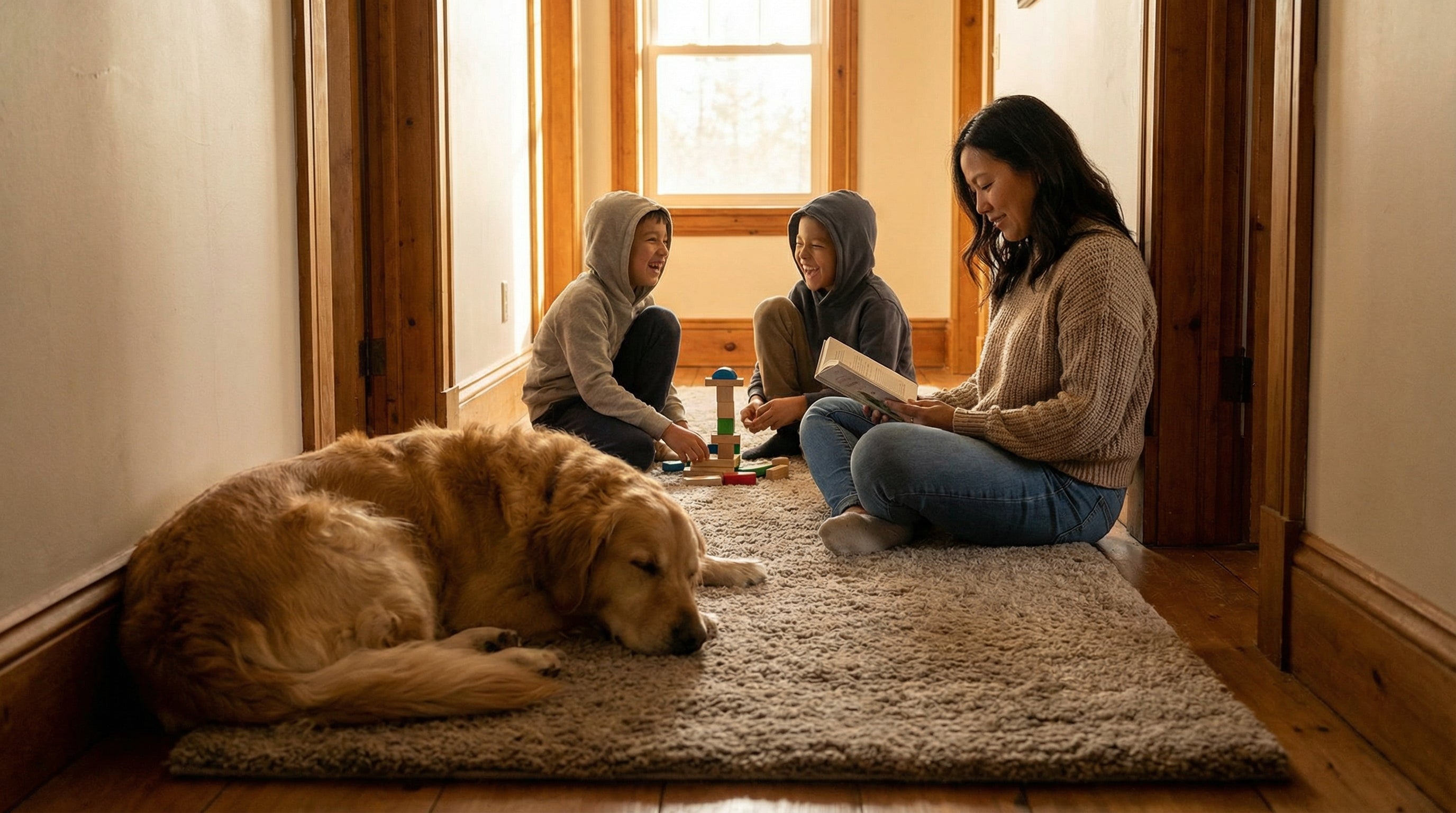 Family walking on cushioned hallway runner