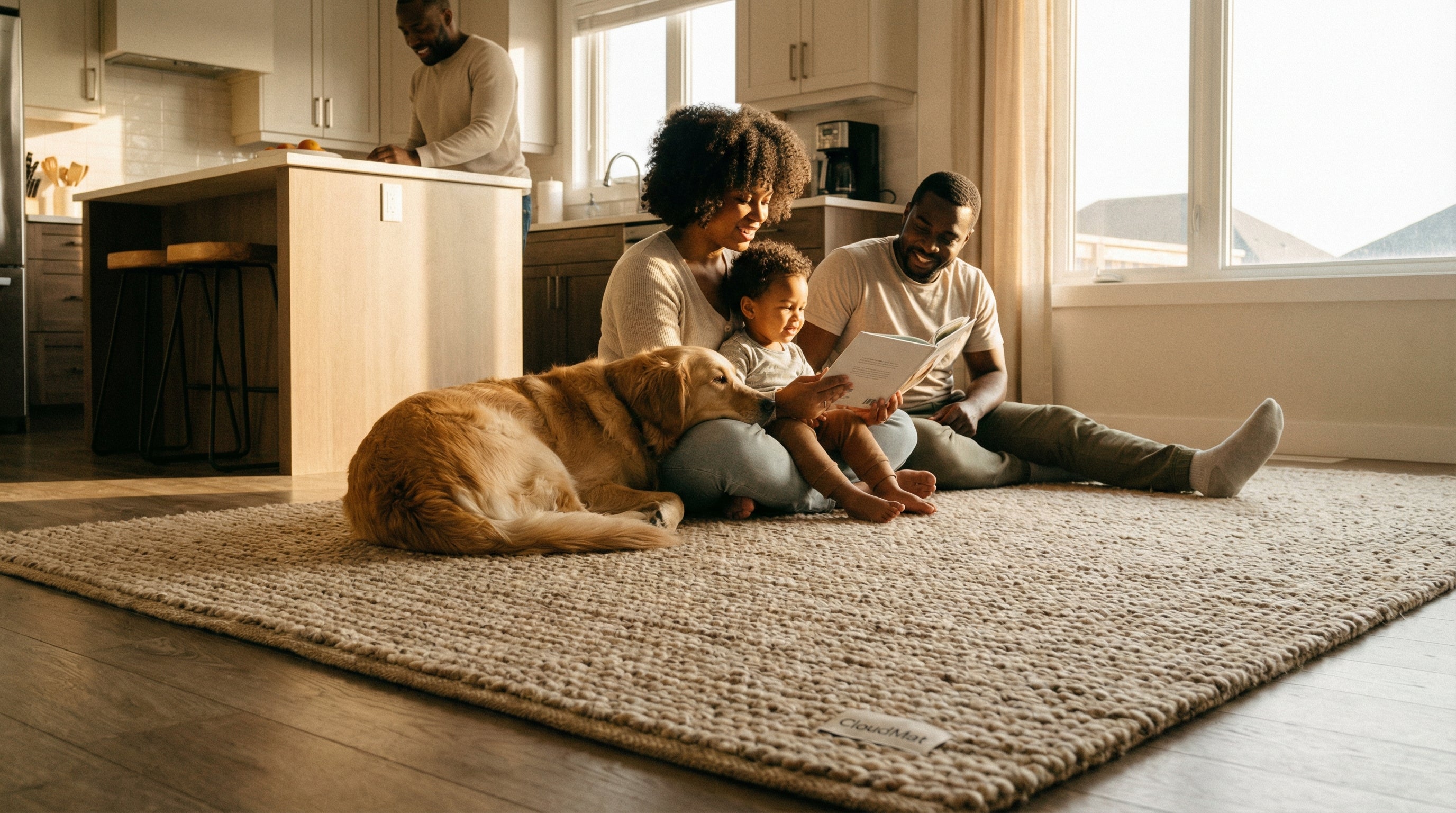 Person standing comfortably on CloudMat kitchen rug during meal preparation