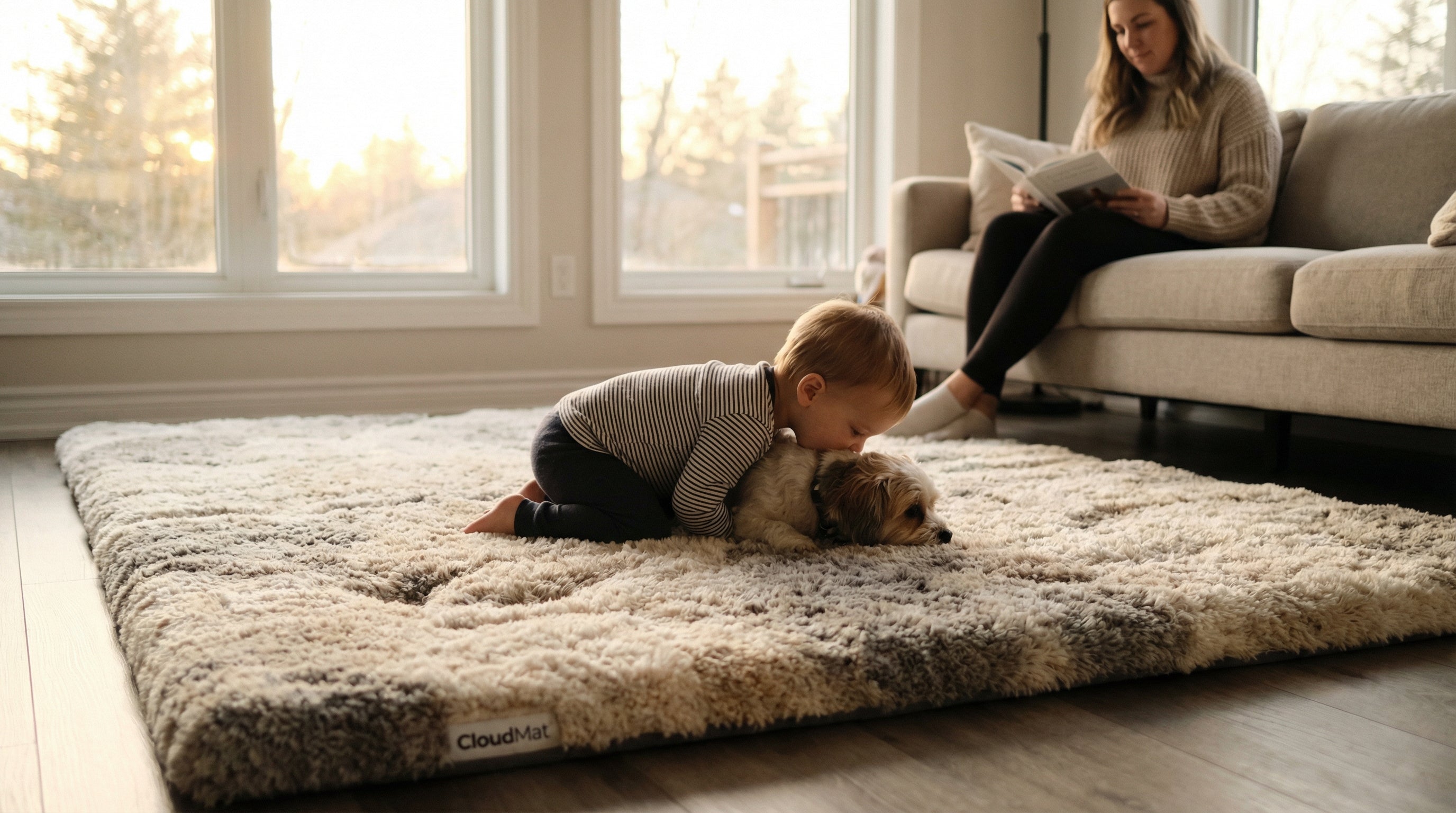 Family enjoying time together on comfortable CloudMat living room rug