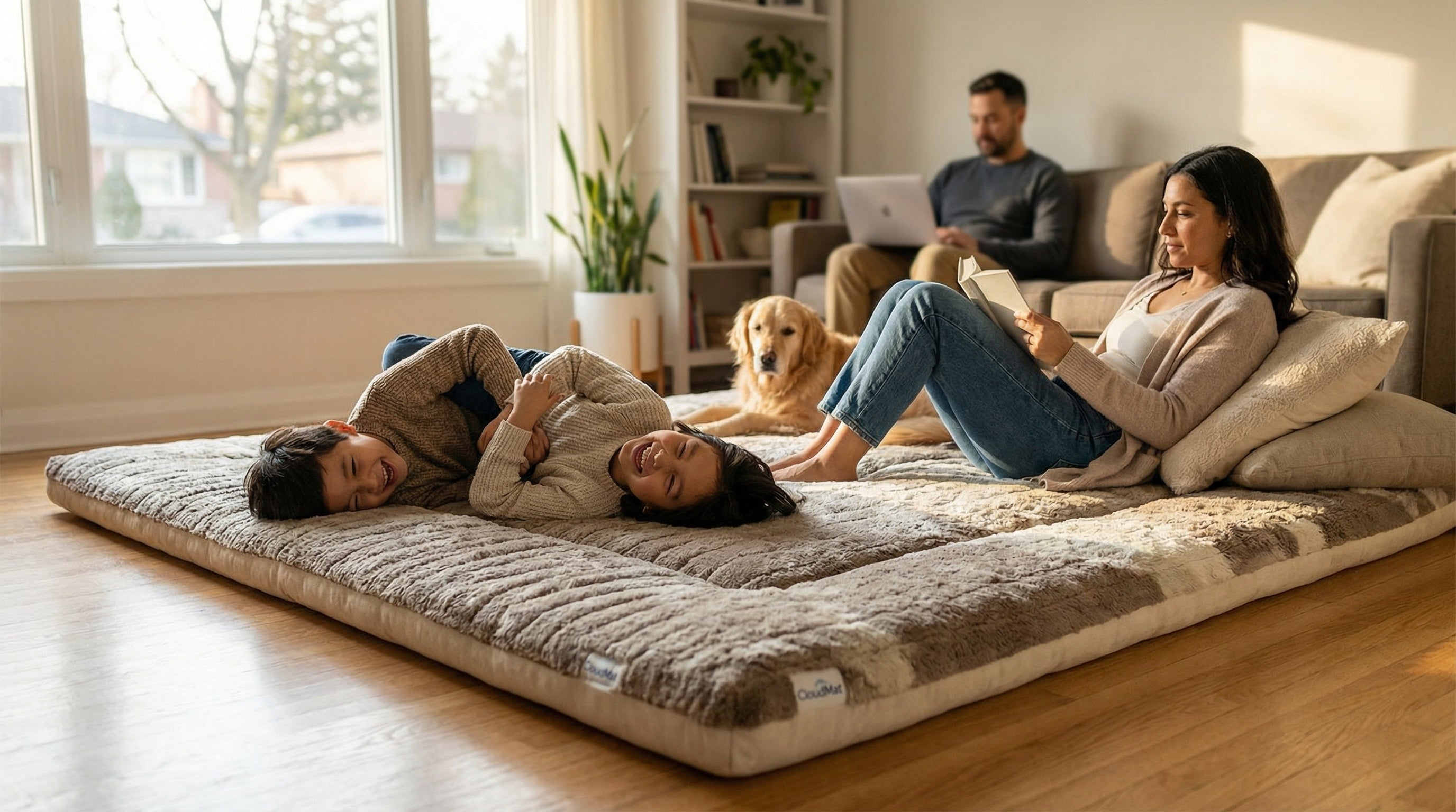 Family enjoying modern CloudMat rug in minimalist living space
