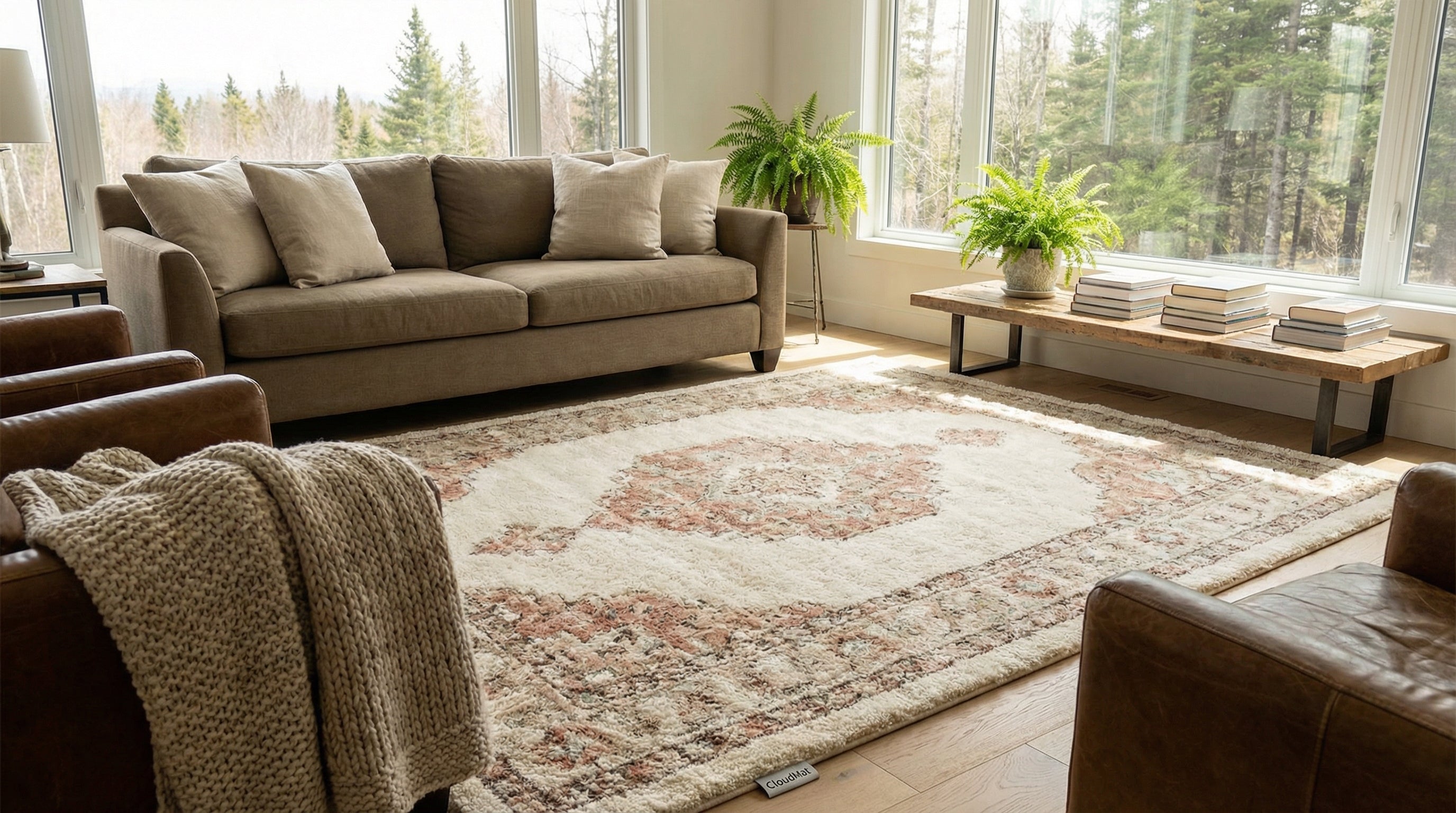 Moroccan-style CloudMat rug with Berber geometric patterns in living room