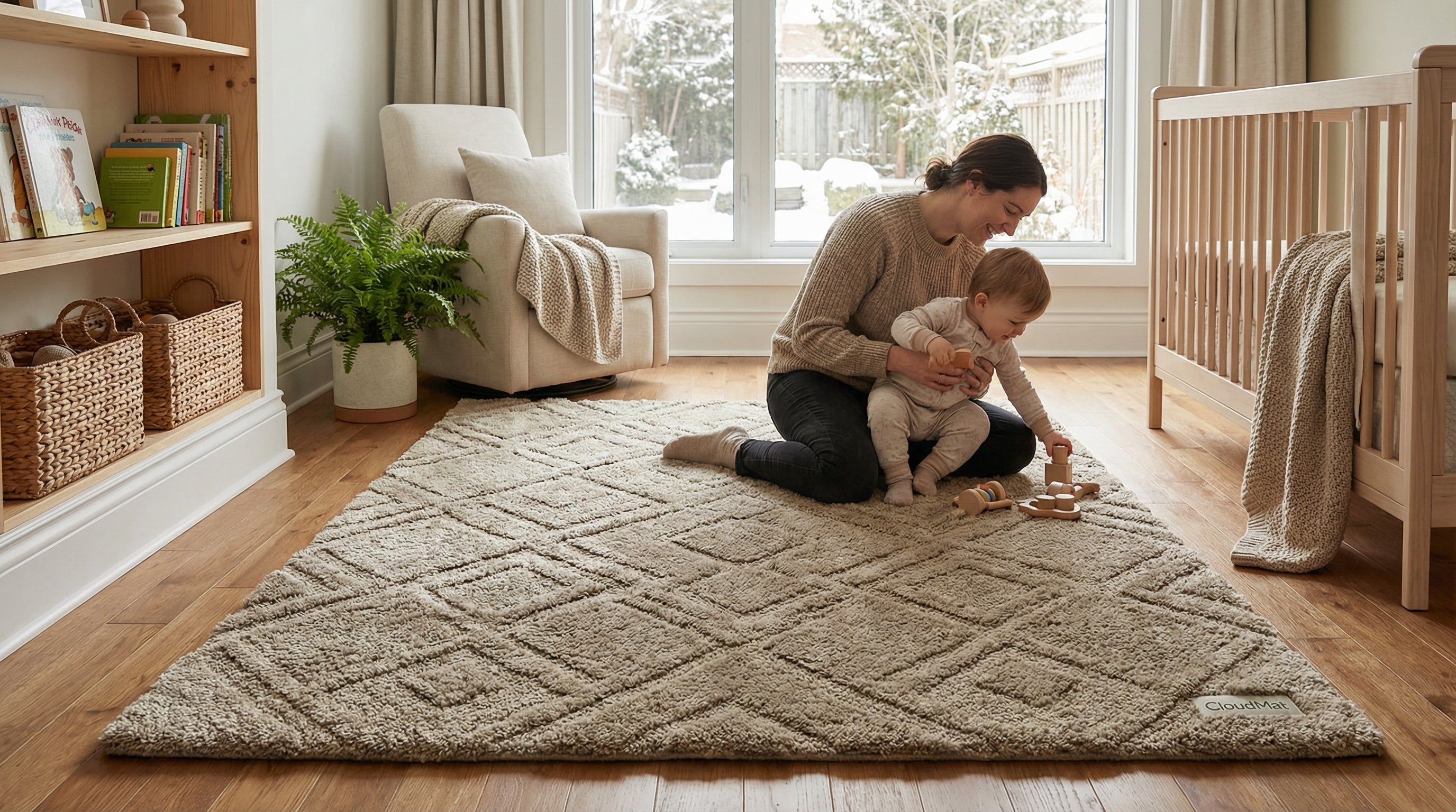 Moroccan rug styled in modern Canadian living room with natural materials