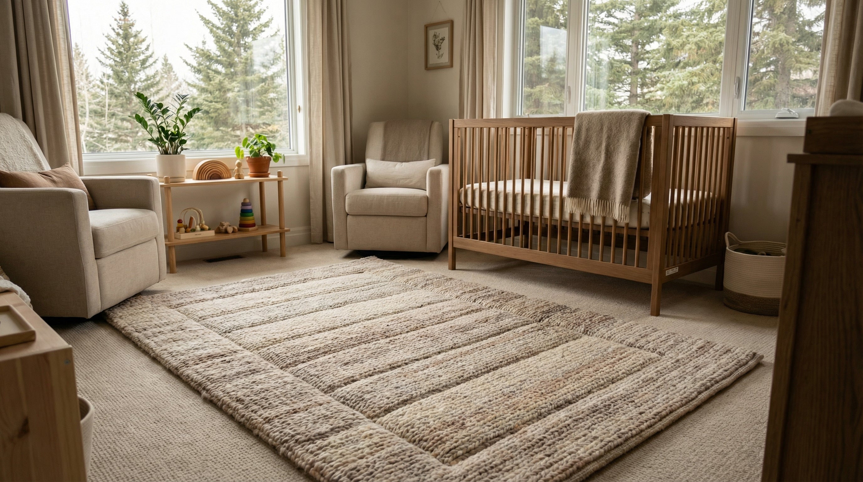 Beautiful bright nursery featuring CloudMat washable rug with baby playing safely