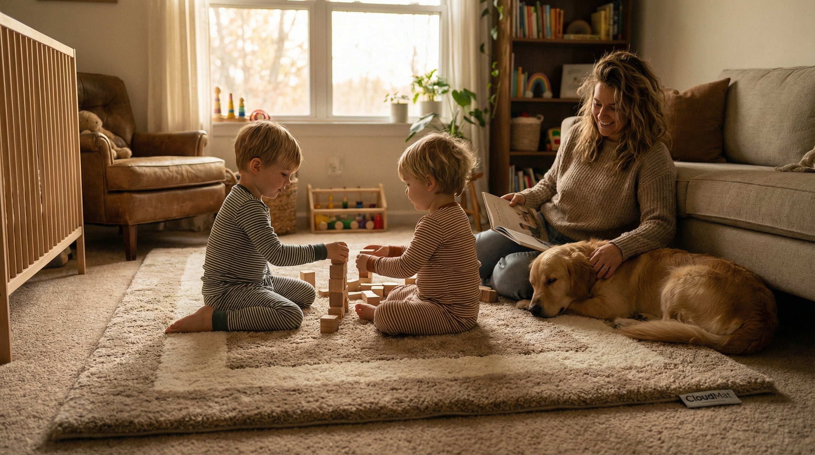 Baby enjoying tummy time on cushioned CloudMat nursery rug