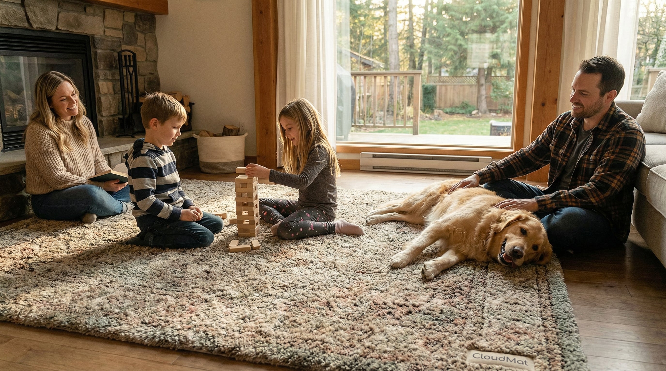 Family enjoying time on Persian style washable CloudMat rug
