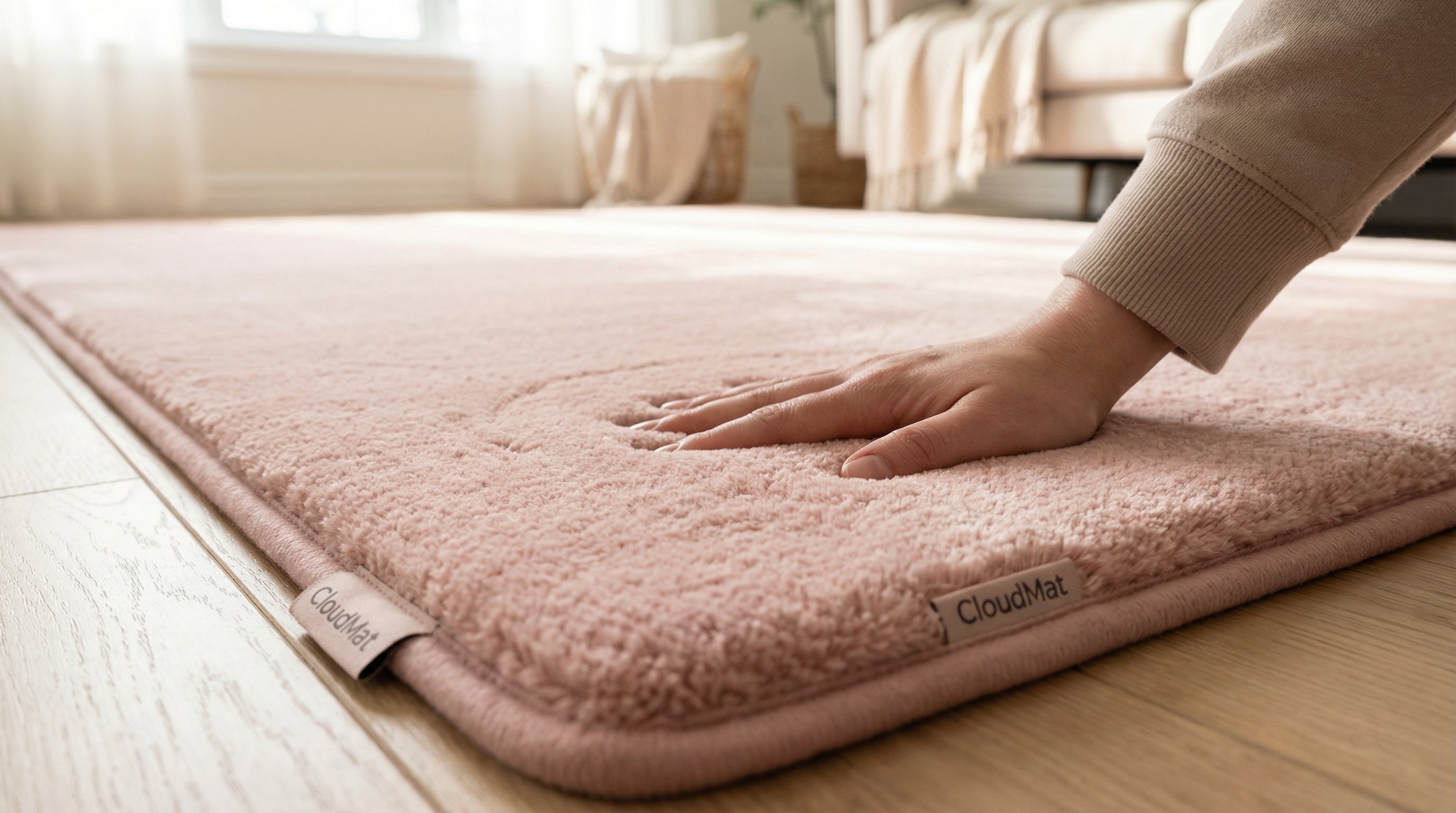 Pink rug used successfully in living room, bedroom, and home office settings