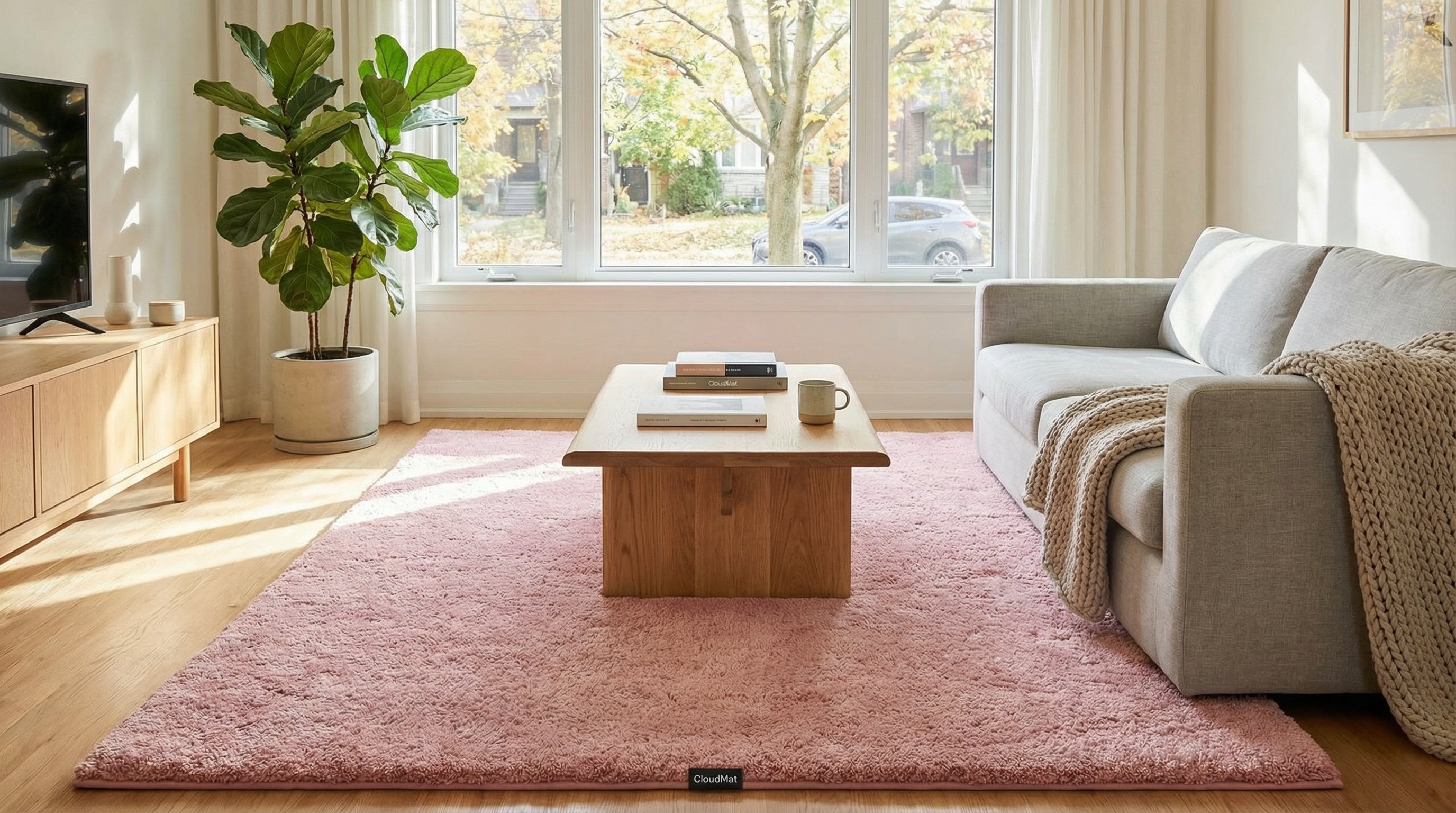 Blush pink CloudMat rug in sophisticated Canadian living room