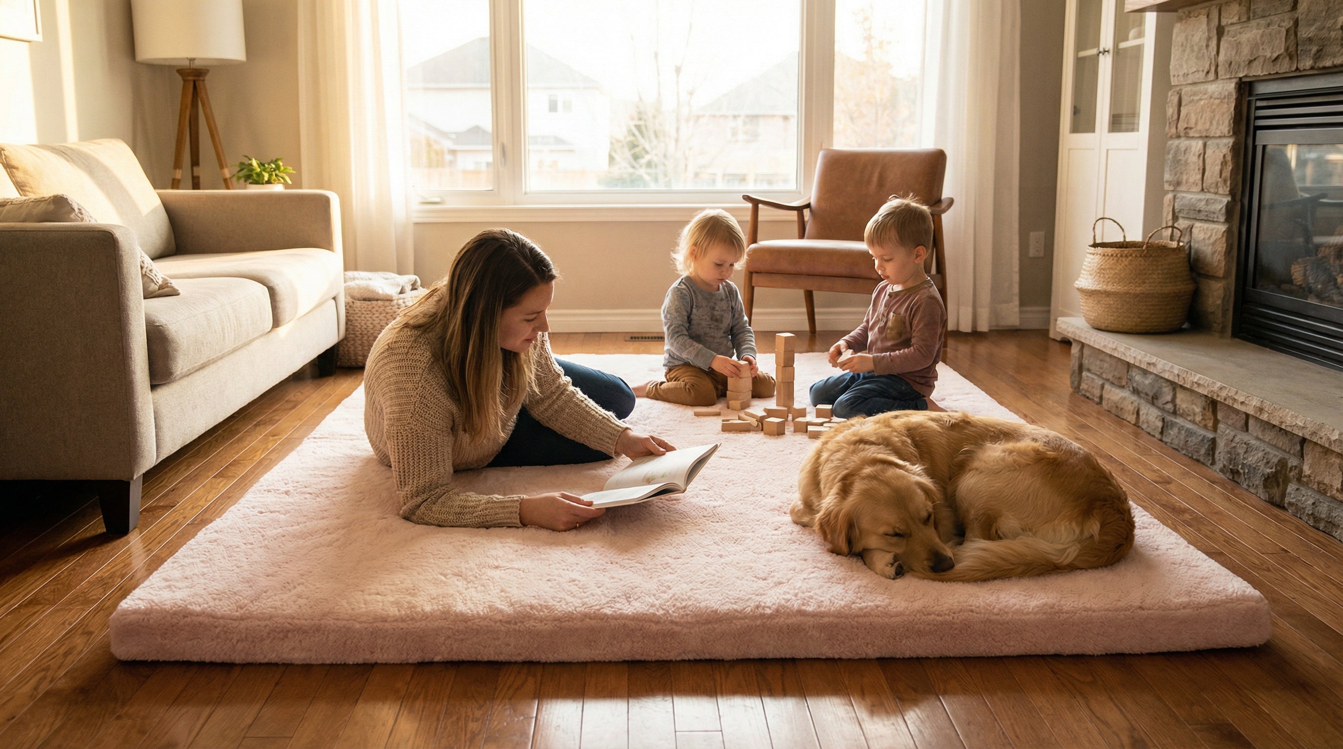 Dusty rose rug adding warmth to modern bedroom