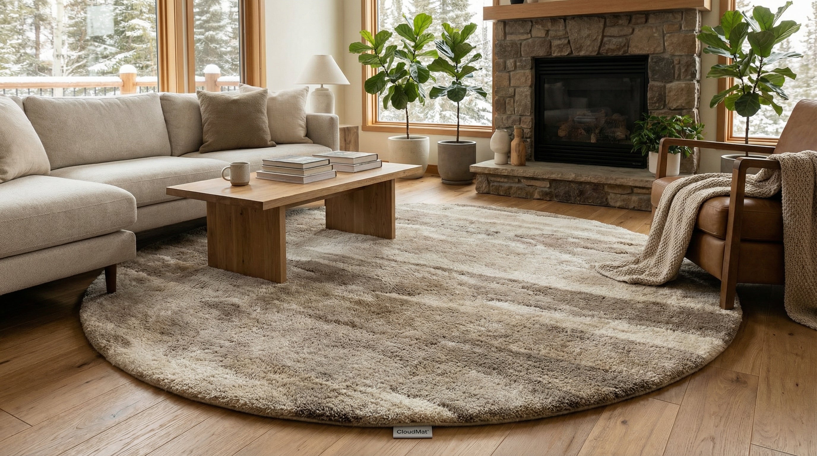 Beautiful round CloudMat rug beneath dining table in Canadian home
