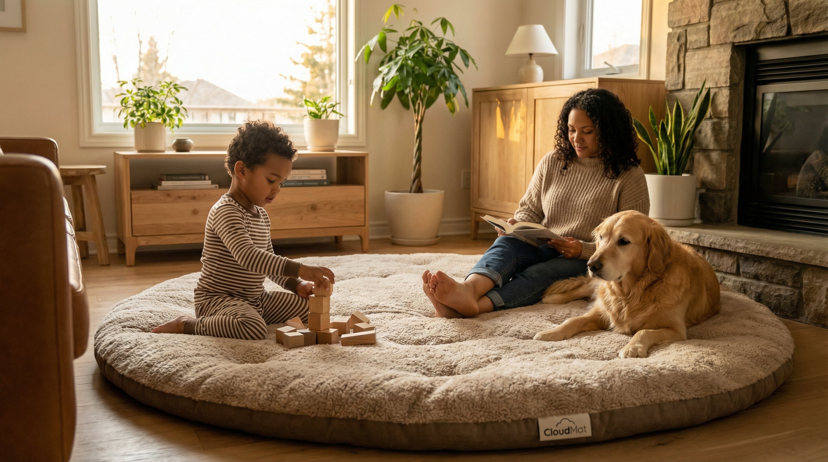 Family gathered around round dining table on circular CloudMat rug
