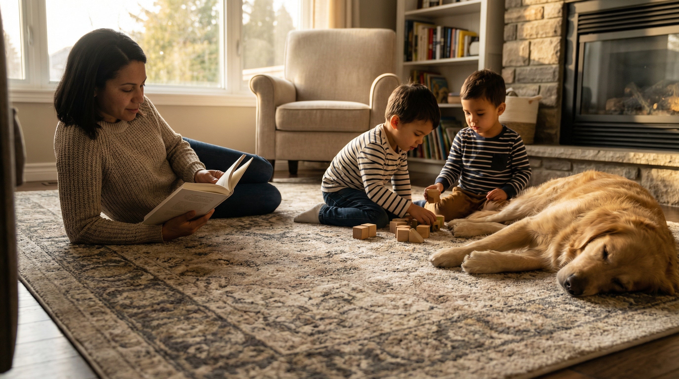 Family gathering around traditional patterned CloudMat rug in formal living space