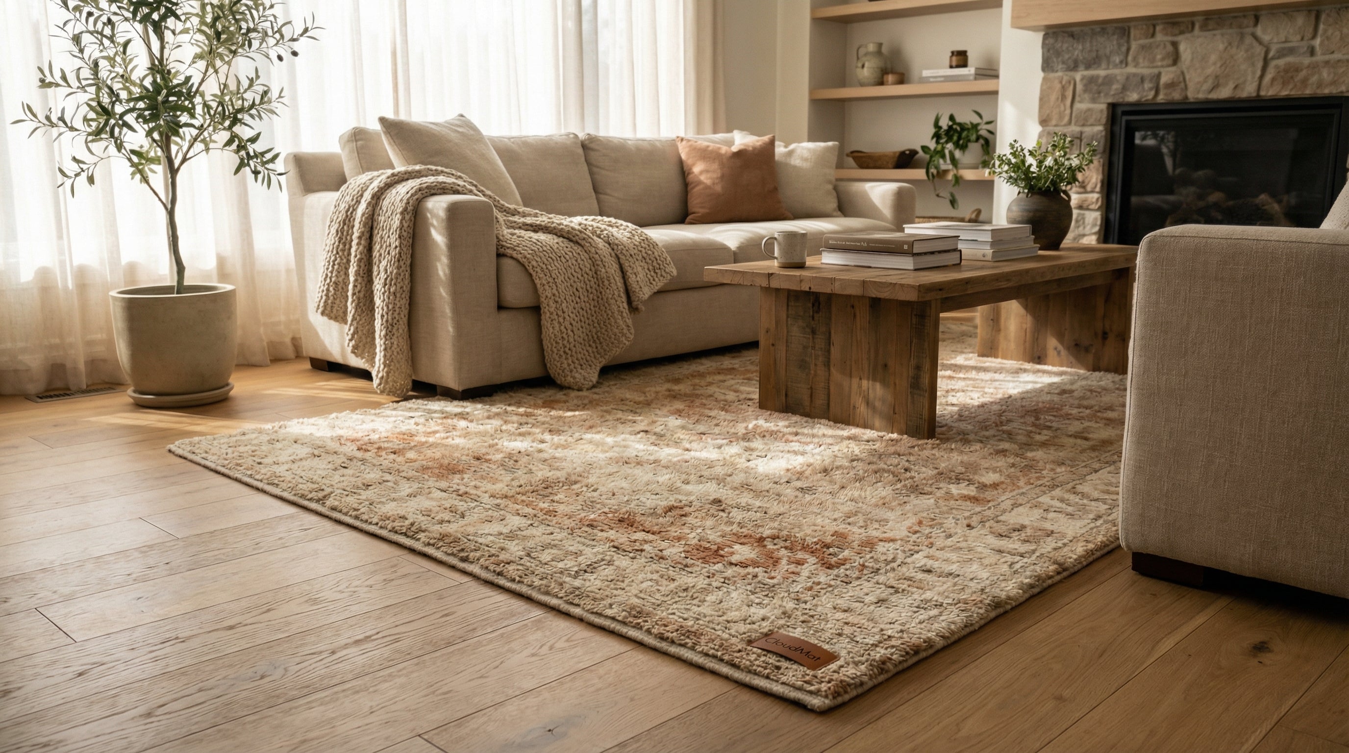 Vintage-style area rug with distressed Persian patterns in a cozy Canadian living room