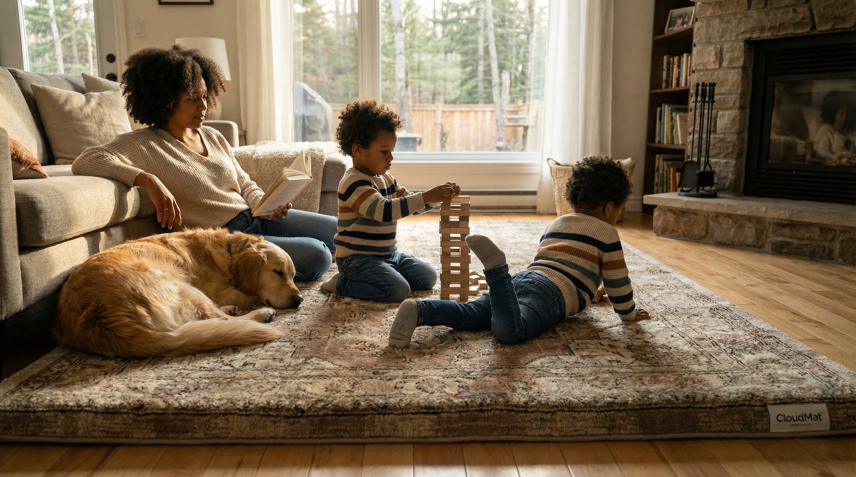 Family enjoying their washable vintage rug in a heritage Canadian home