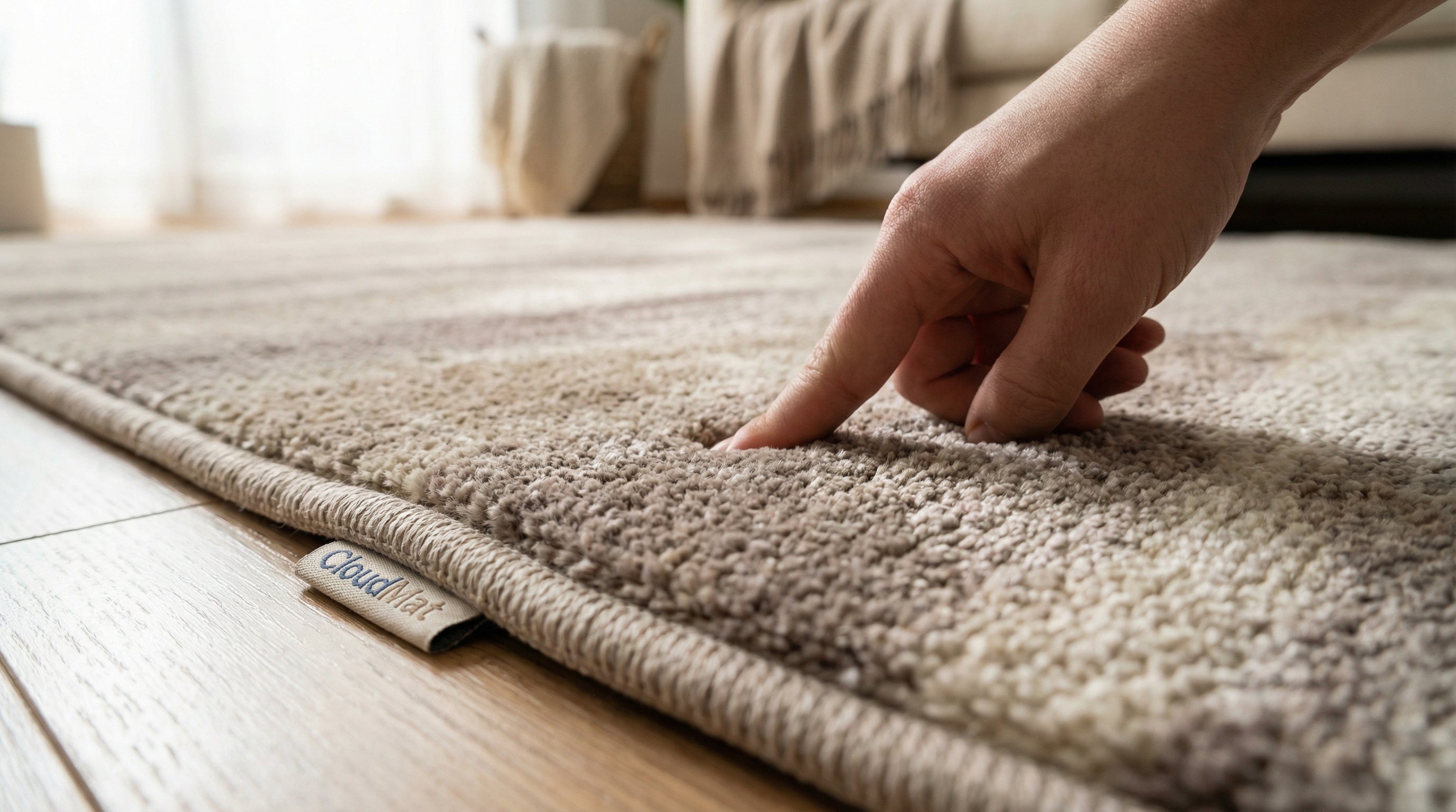 Close-up of CloudMat washable rug showing the tensioned removable cover and soft microfibre texture
