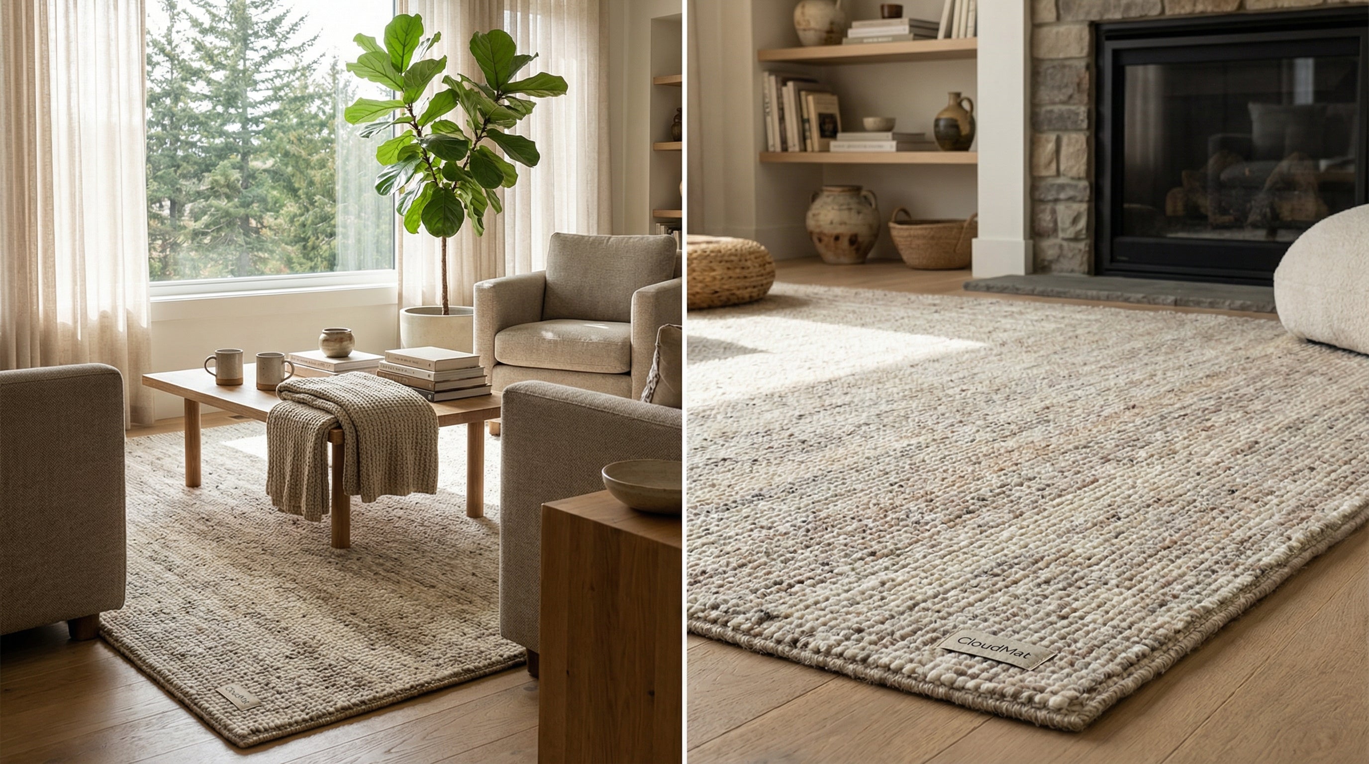 CloudMat washable rugs in various styles displayed in a bright Canadian home, showcasing the machine-washable convenience