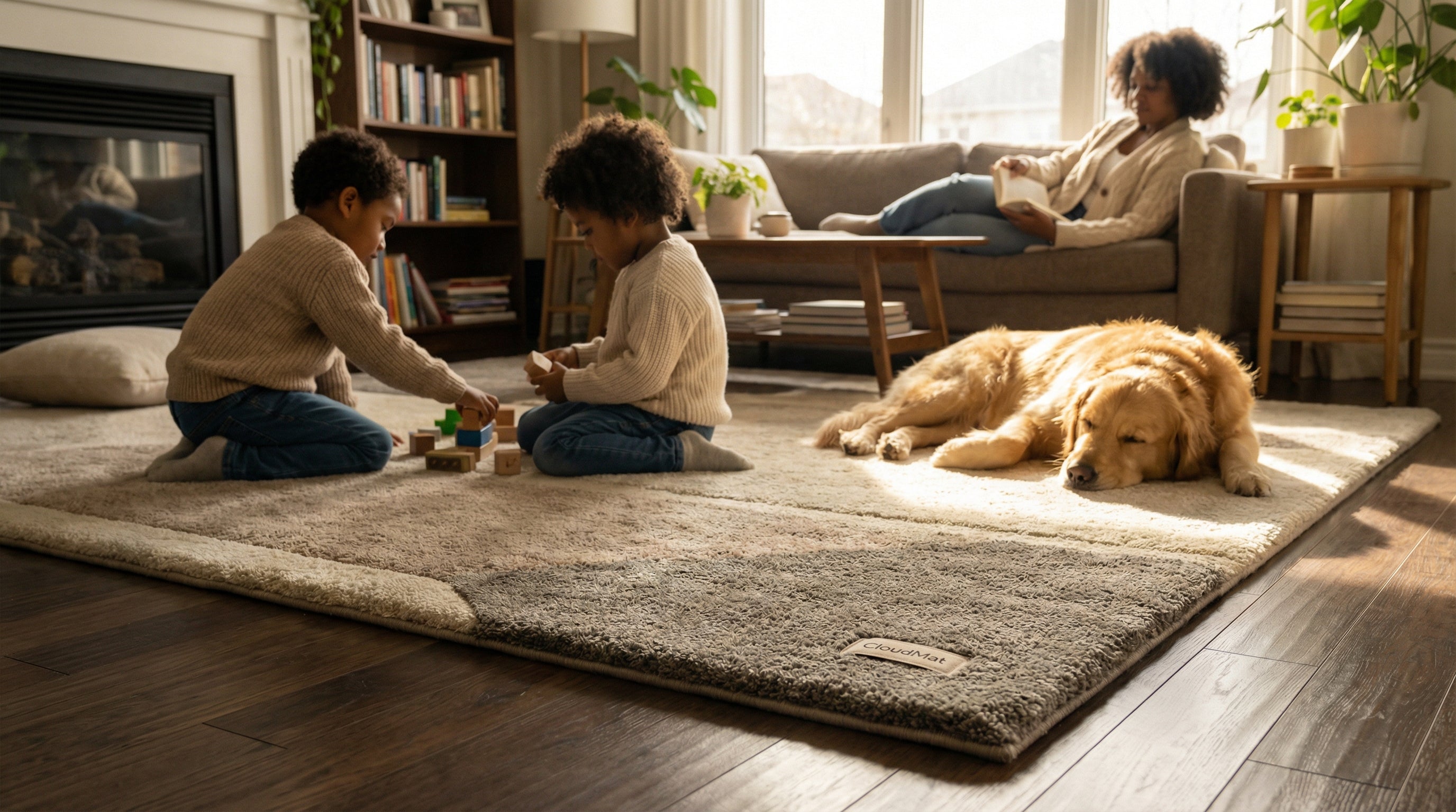 Family-friendly living room with CloudMat washable rug, showing children playing safely on the cushioned surface