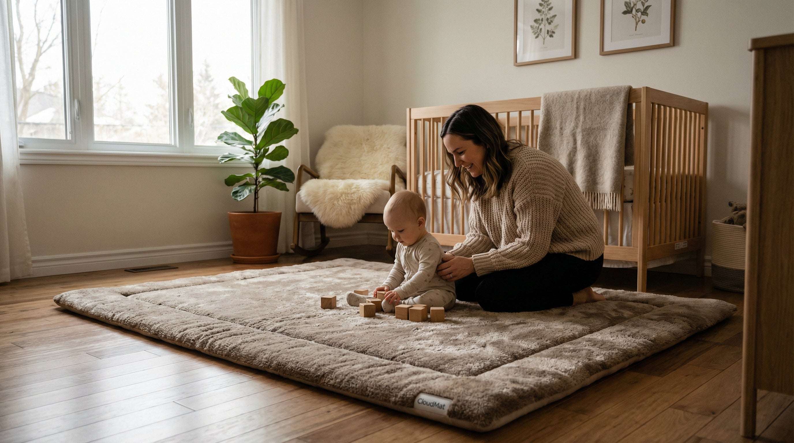 Bright modern nursery featuring a washable CloudMat rug, perfect for baby's tummy time and play