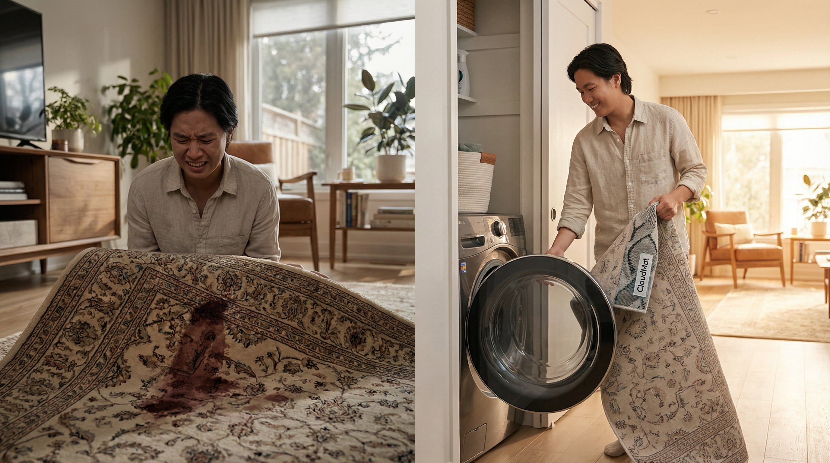 Before and after comparison showing the freedom of washable rugs - from stress over spills to easy machine washing