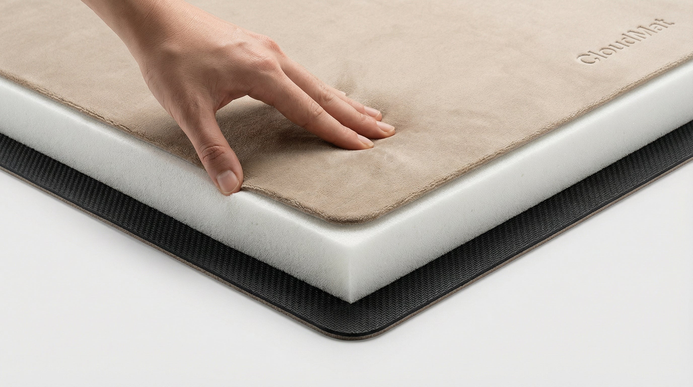 CloudMat 3-layer construction showing microfibre top, 30mm cushioned foam core, and non-slip rubber backing