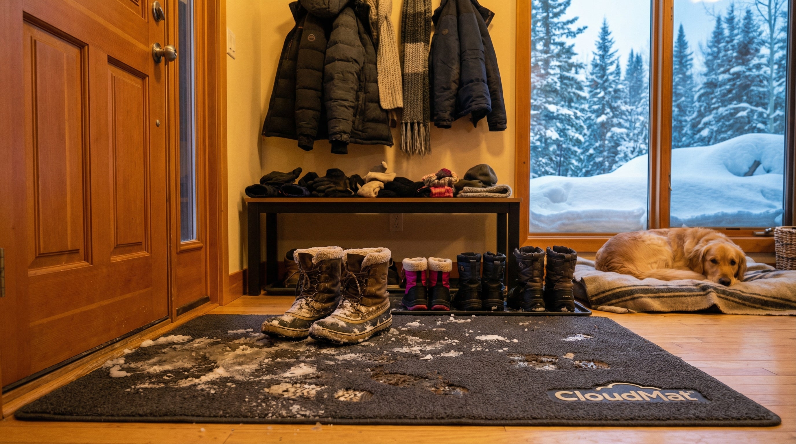 Canadian winter entryway with snowy boots and washable CloudMat rug handling salt, slush and mud