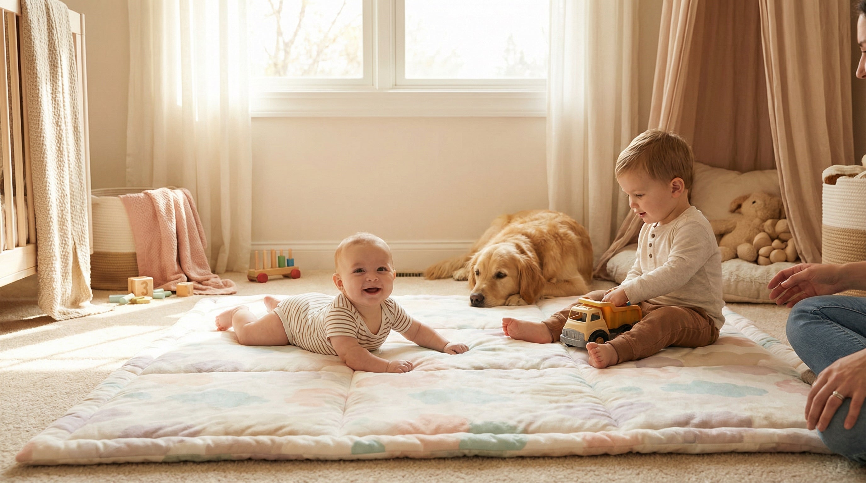 Baby safely doing tummy time on OEKO-TEX certified CloudMat washable rug in bright nursery