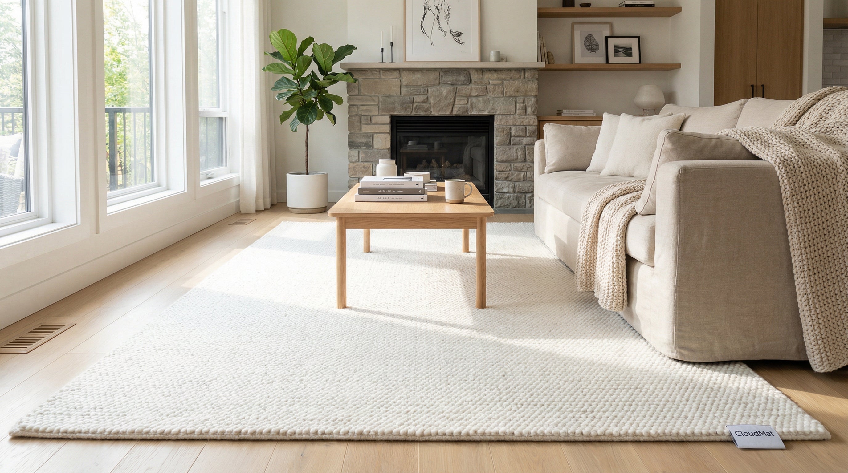 Bright white CloudMat rug in modern Canadian living room